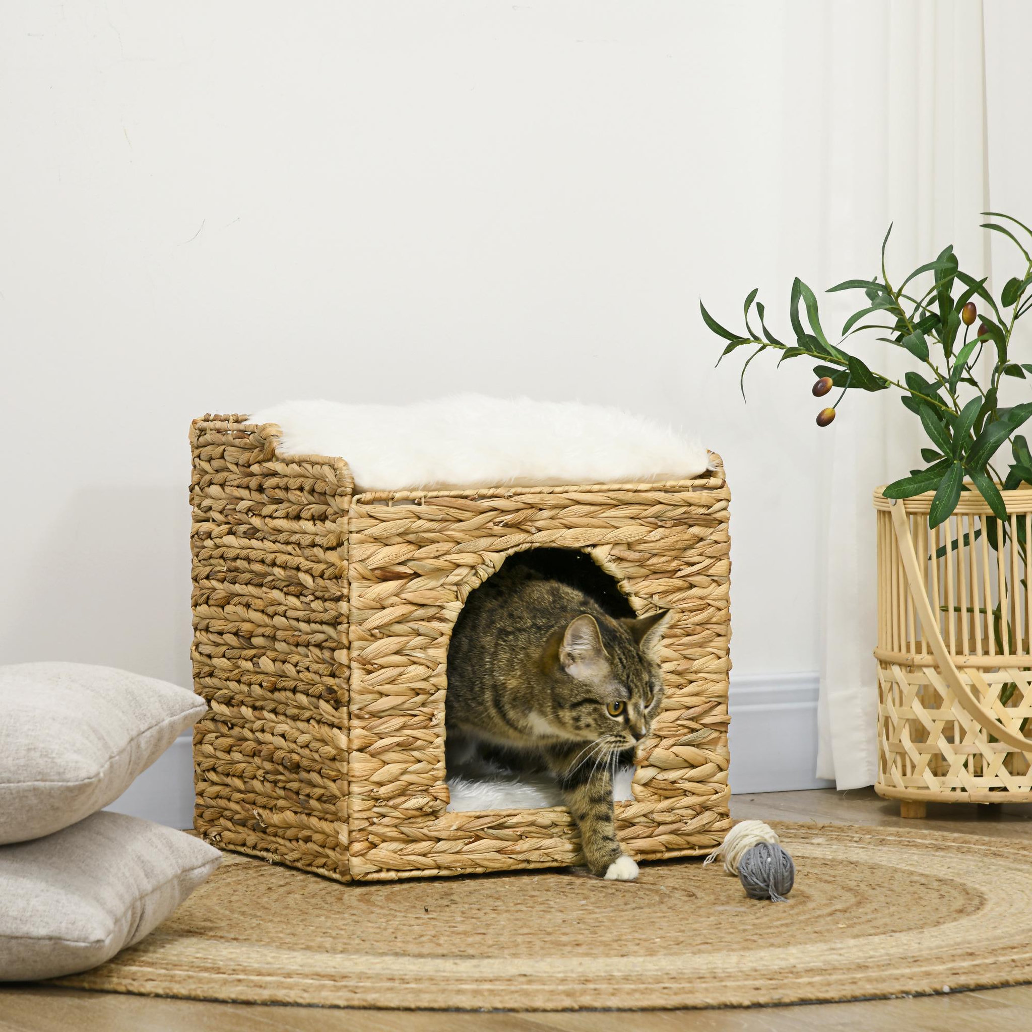 Voir la diapositive 2 : PAWHUT Panier chat lit chat cosy grand confort dim. Ø 37 x 41h cm coussins doux inclus jacinthe d'eau