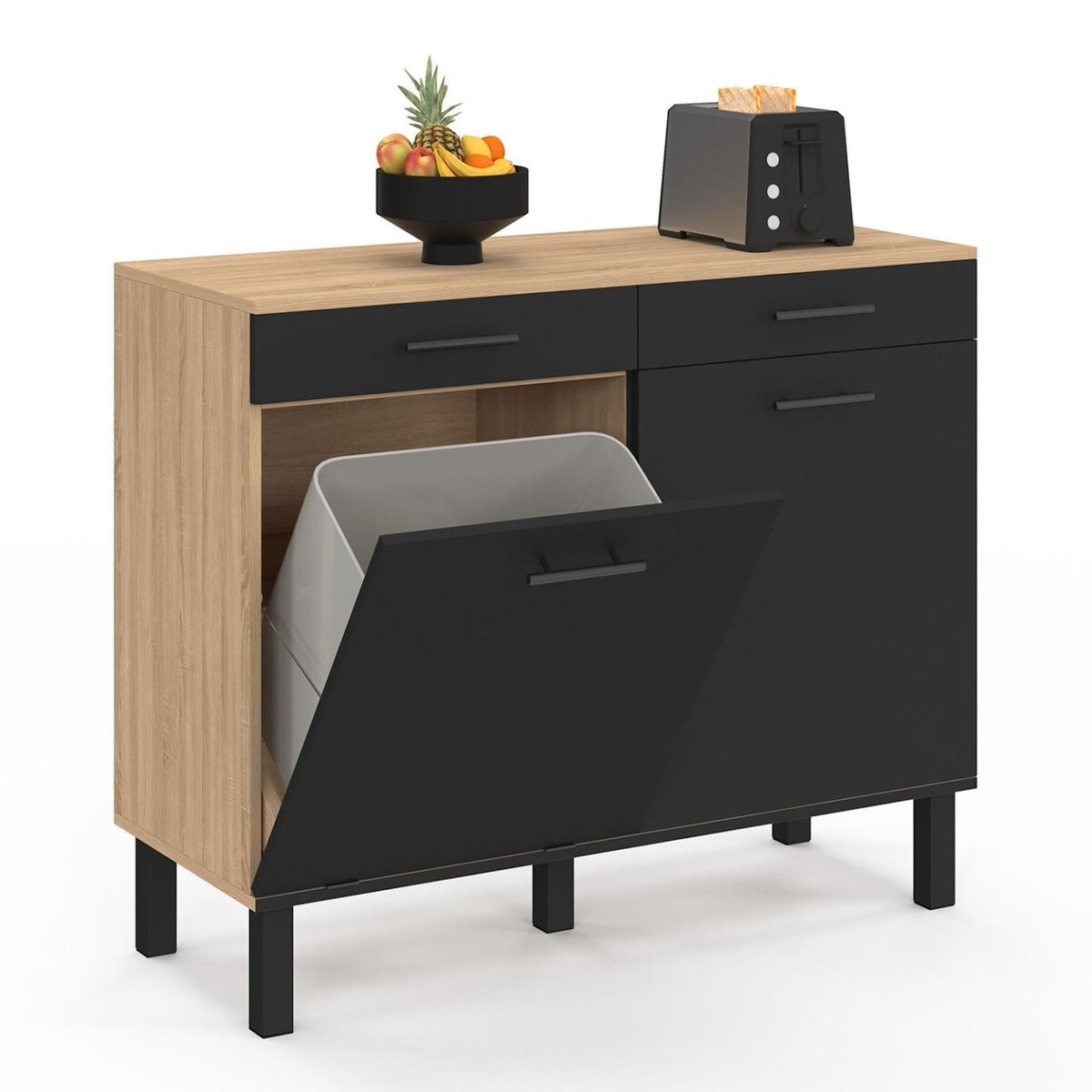 ID MARKET Buffet bas de cuisine avec espace poubelle 100 cm CINA plan de travail H.83 cm 2 portes + tiroirs façon hêtre et noir