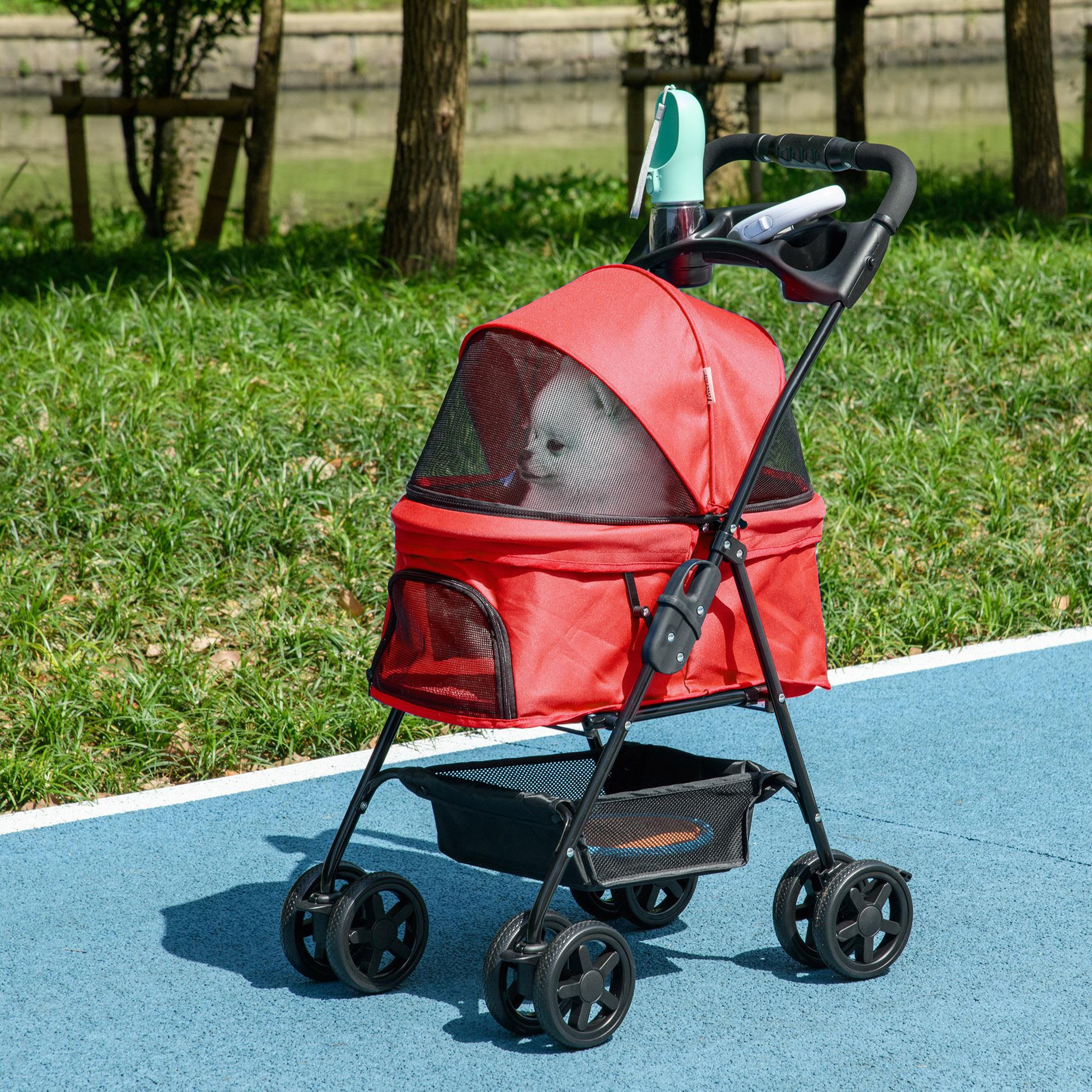 Voir la diapositive 2 : PAWHUT Poussette buggy pliable chien chat panier rangement porte-gobelets tissu 300d oxford imperméable 4 roues rouge