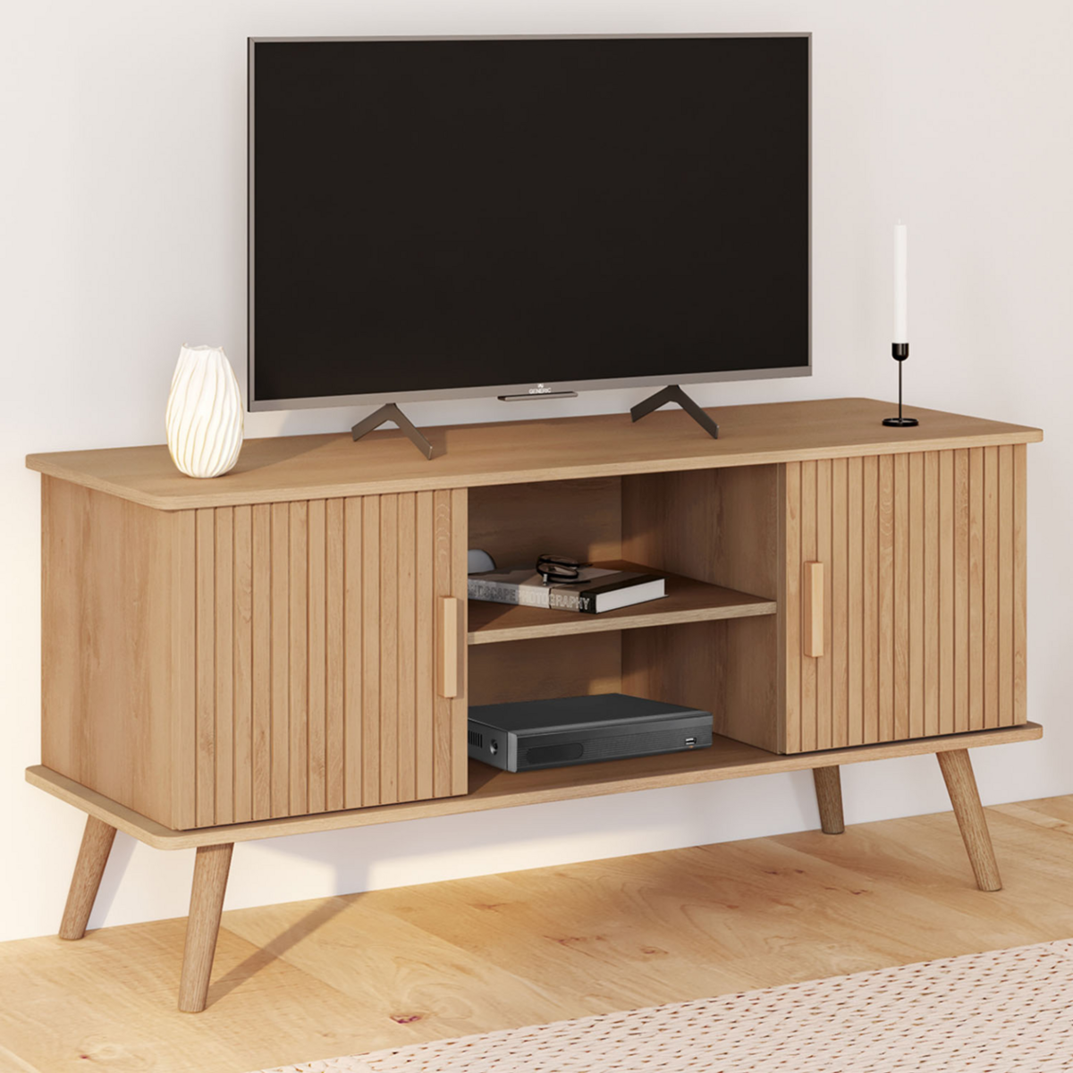 ID MARKET Meuble TV 110 cm JULIETTE 2 portes lattes tasseau bois coloris chêne