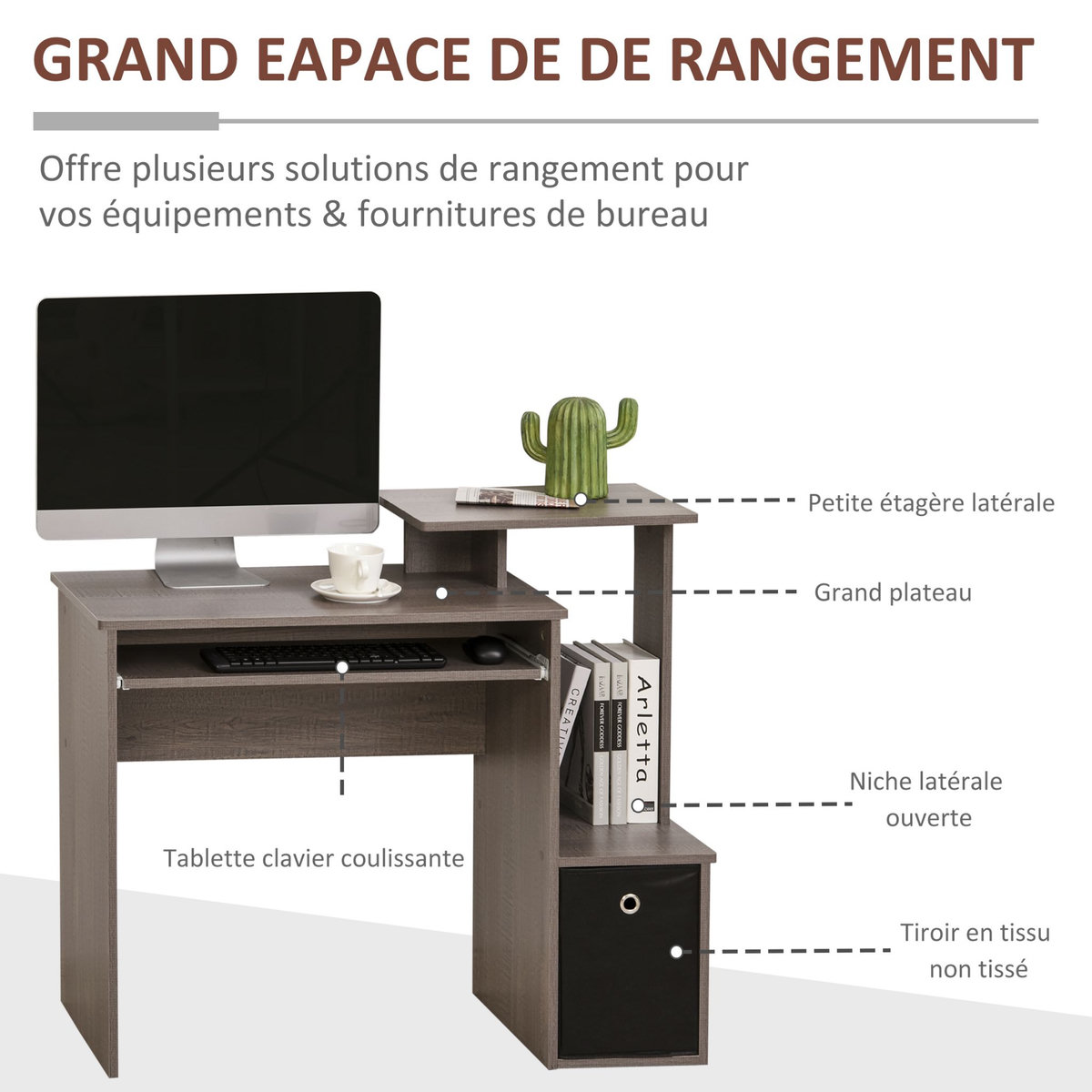 HOMCOM Bureau informatique multimédia étagères tablette clavier panier noir panneaux particules gris