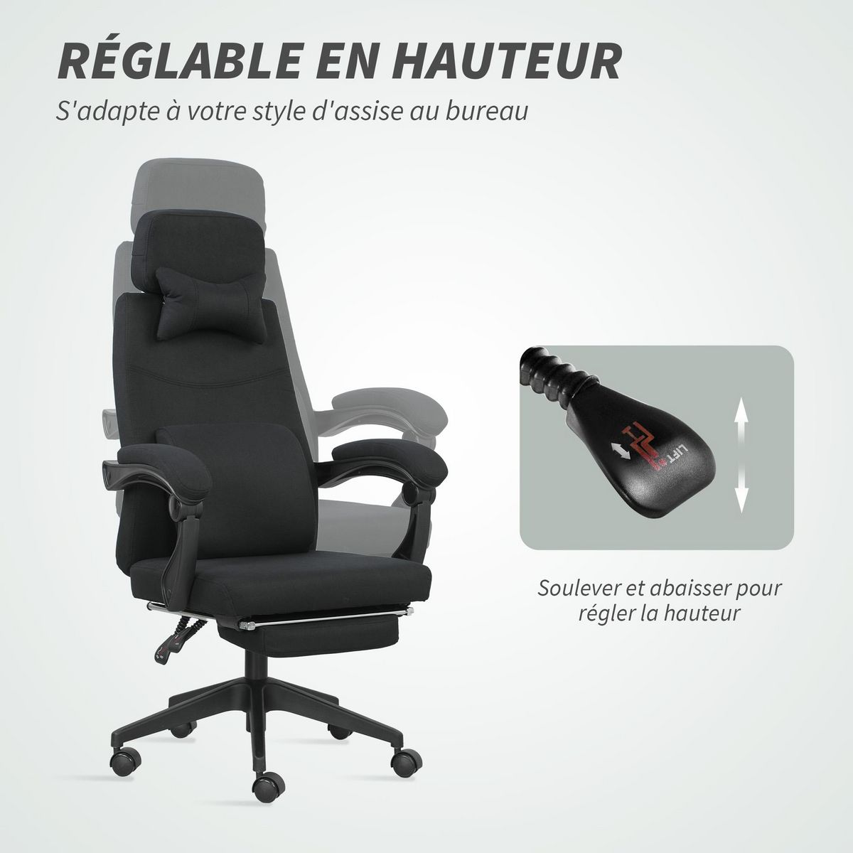VINSETTO Fauteuil de bureau manager grand confort dossier réglable repose-pied coussin lombaire roulettes 360° lin 62L x 68P x 127H cm noir