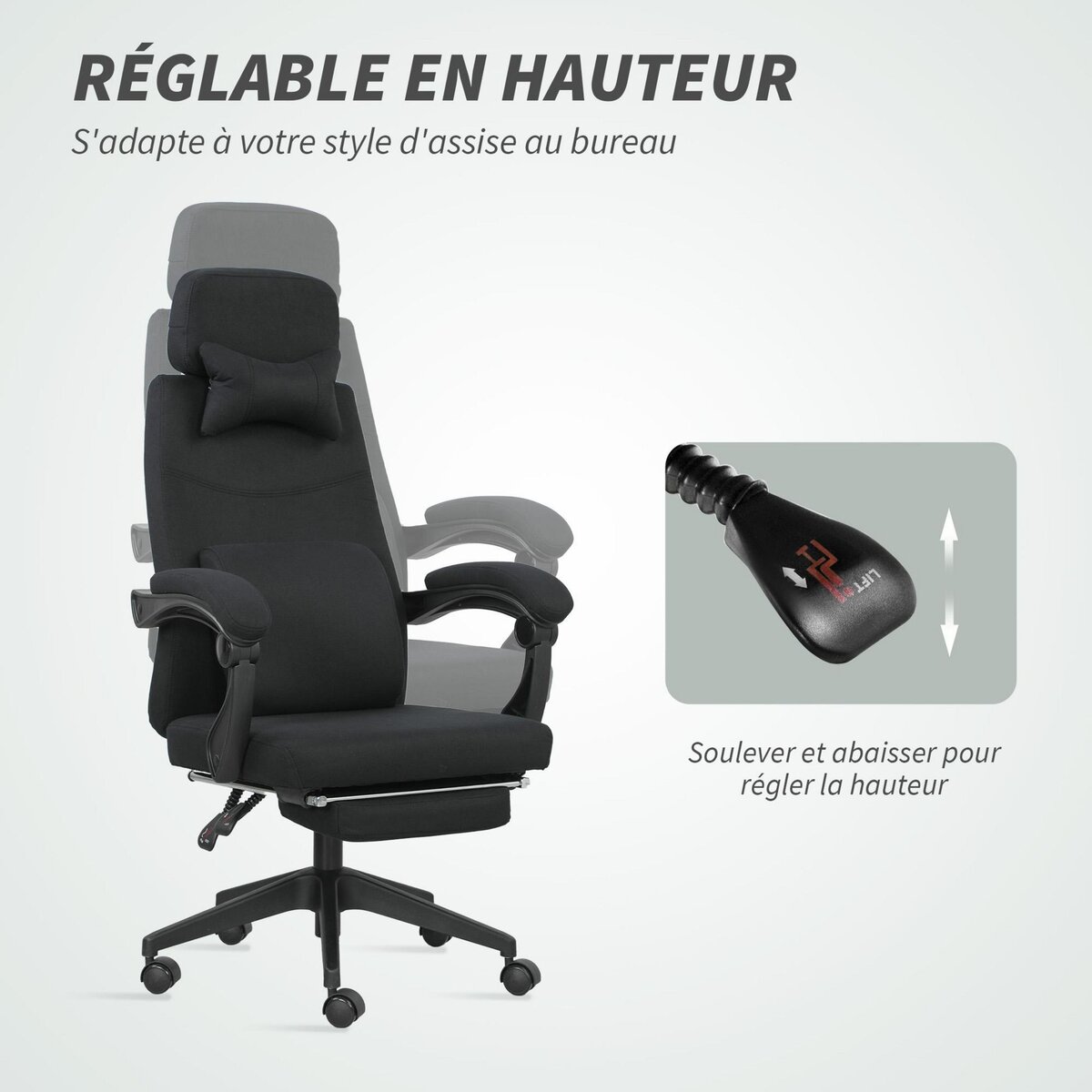 VINSETTO Fauteuil de bureau manager grand confort dossier réglable repose-pied coussin lombaire roulettes 360° lin 62L x 68P x 127H cm noir
