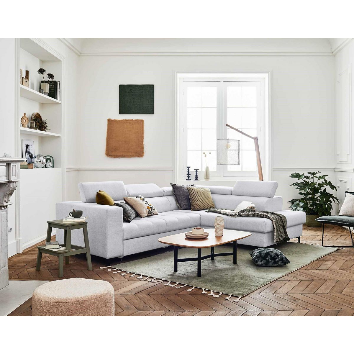 LISA DESIGN Olinda - canapé d'angle droit - 5 places - convertible avec coffre et têtières réglables - en tissu