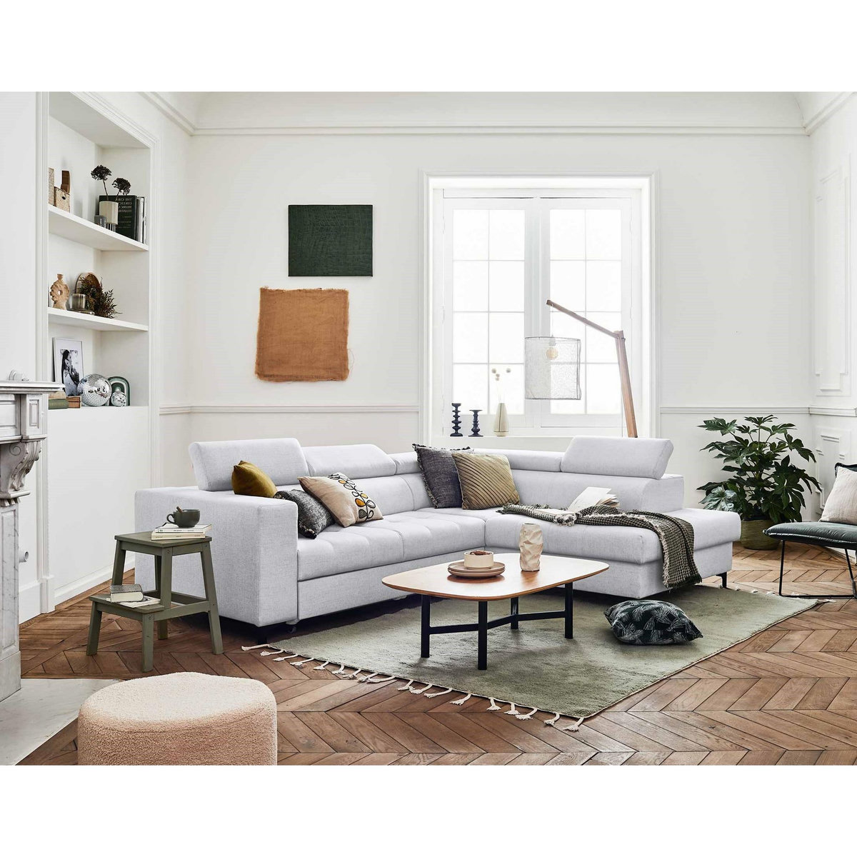 LISA DESIGN Olinda - canapé d'angle droit - 5 places - convertible avec coffre et têtières réglables - en tissu