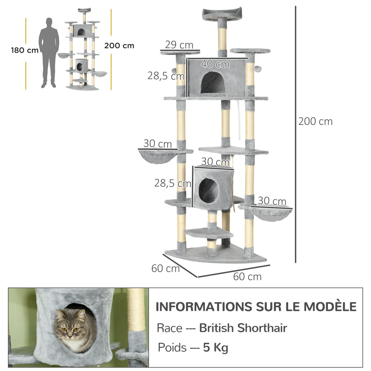 PAWHUT Arbre à chat multi-équipement griffoirs 2 niches 2 hamacs plateformes boules suspendues corde peluche grise