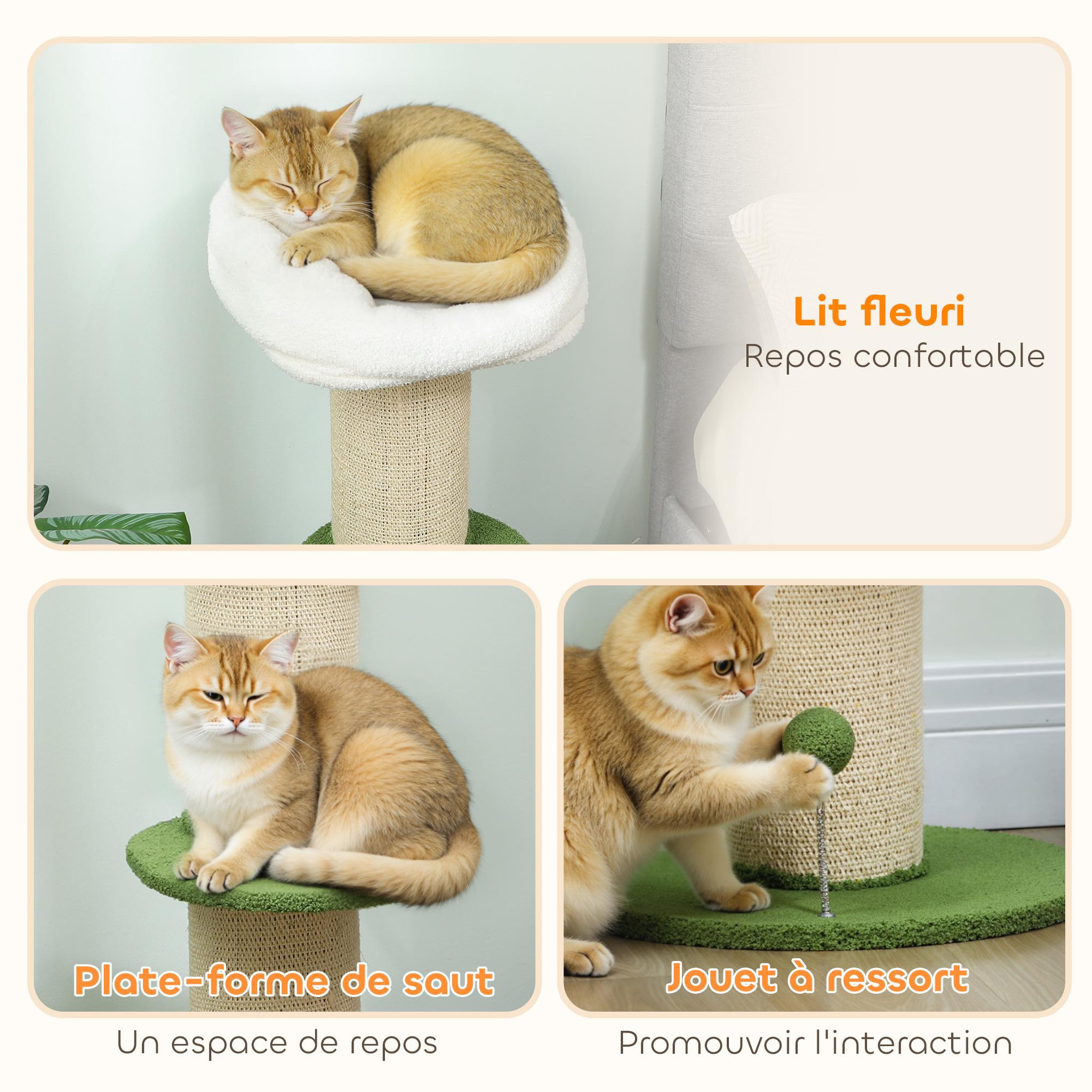 Voir la diapositive 6 : PAWHUT Arbre à chat griffoir design fleurs h.92 cm plateforme et panier d'observation boule à ressort