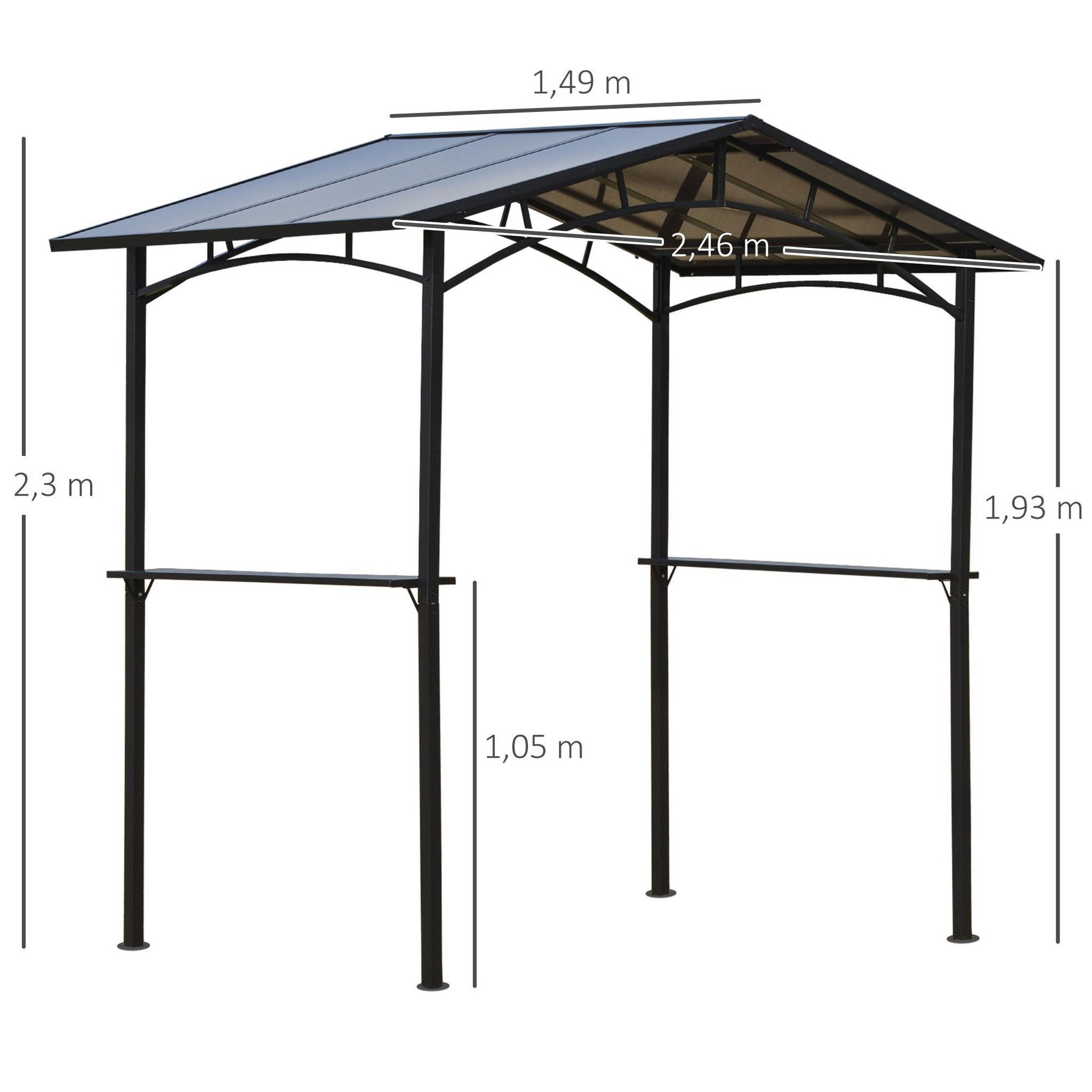 Voir la diapositive 3 : OUTSUNNY Pavillon jardin - abri barbecue - steakhouse 2 étagères - toit de barbecue - dim. 2,46L x 1,49l x 2,30H m - alu. métal noir toit polycarbonate