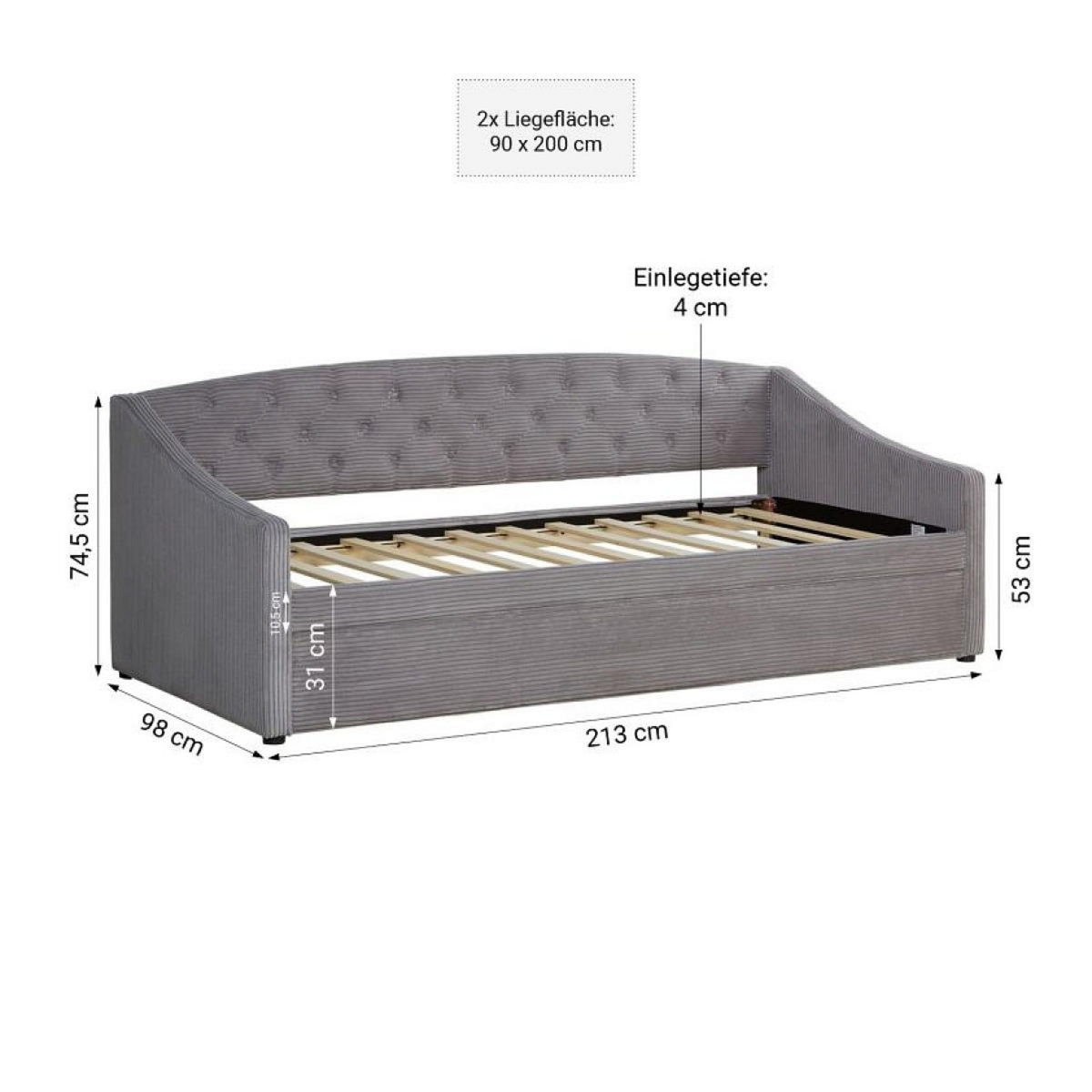 HomeStyle4U Canapé lit Côtelé gris 2 Places 90x200