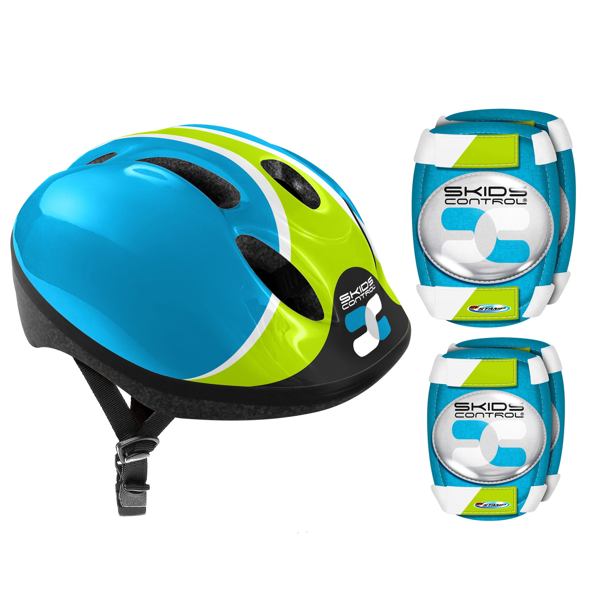 Voir la diapositive 1 : Skids Control Set de protection : Casque + Coudières/Genouillères Bleu - 52/56 cm