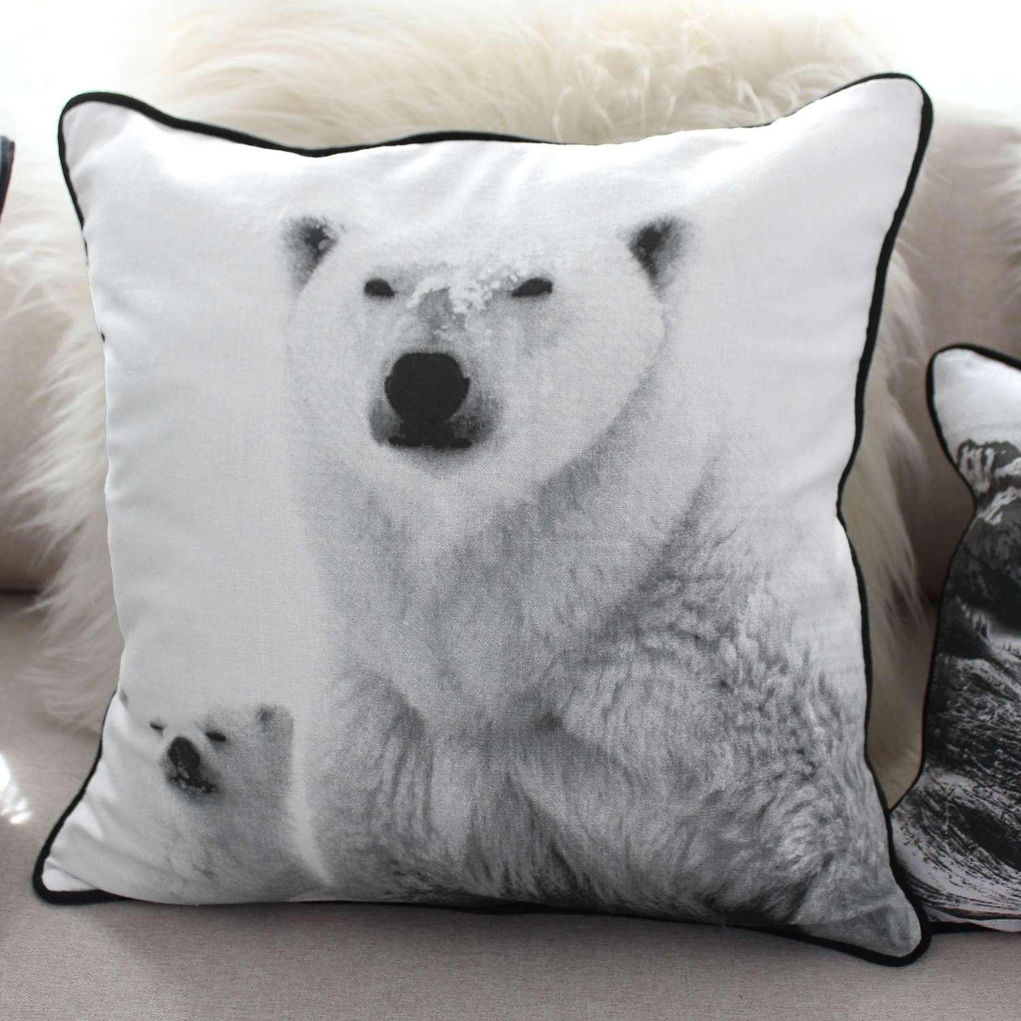 Voir la diapositive 2 : TOILINUX Coussin imprimé ours epicéa - 40 x 40 cm - blanc