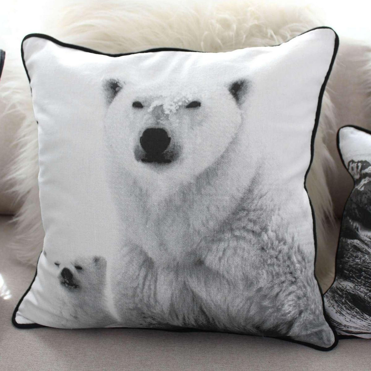 TOILINUX Coussin imprimé ours Epicéa - 40 x 40 cm - Blanc