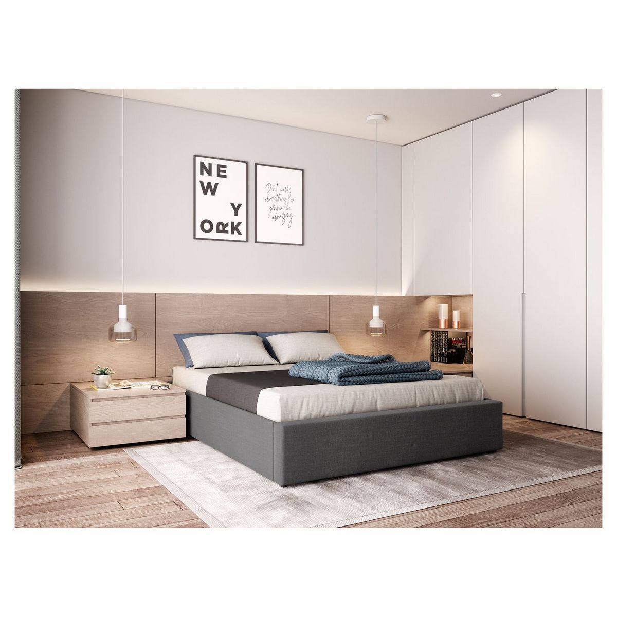 Lit coffre tissu avec sommier relevable 160x200 cm LEO