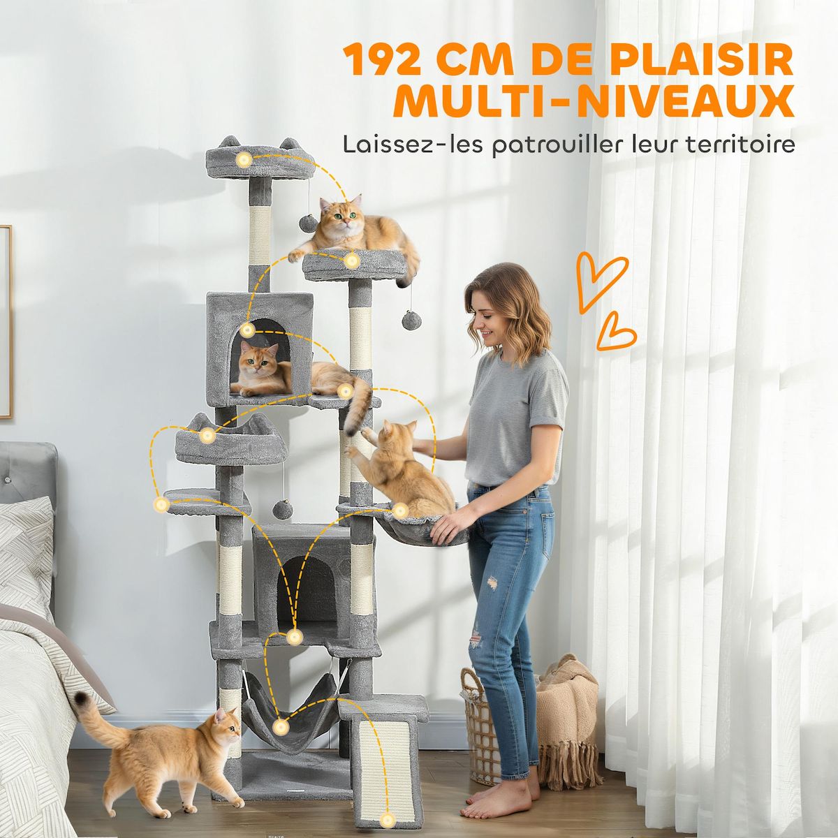 PAWHUT Arbre à chat design XXL gris clair multi-activités - zones de repos, griffoirs, grattoir - H.192 cm