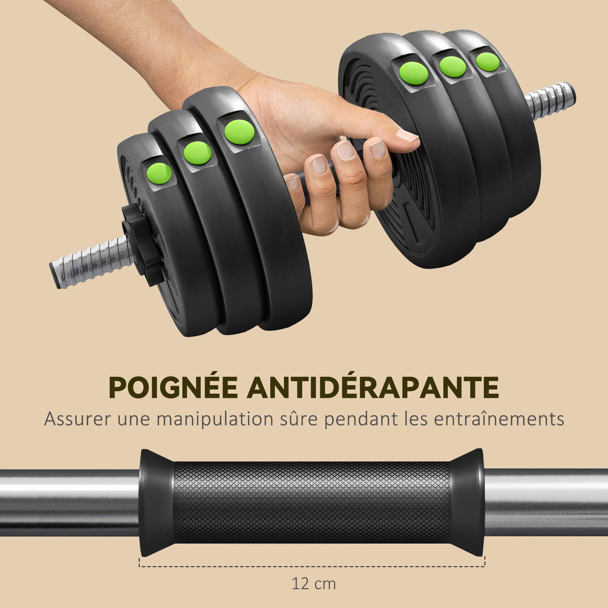Voir la diapositive 6 : HOMCOM Haltères 2 en 1 réglables - haltères libres 30 kg - barres incluses - entraînement musculaire & haltérophilie - noir vert