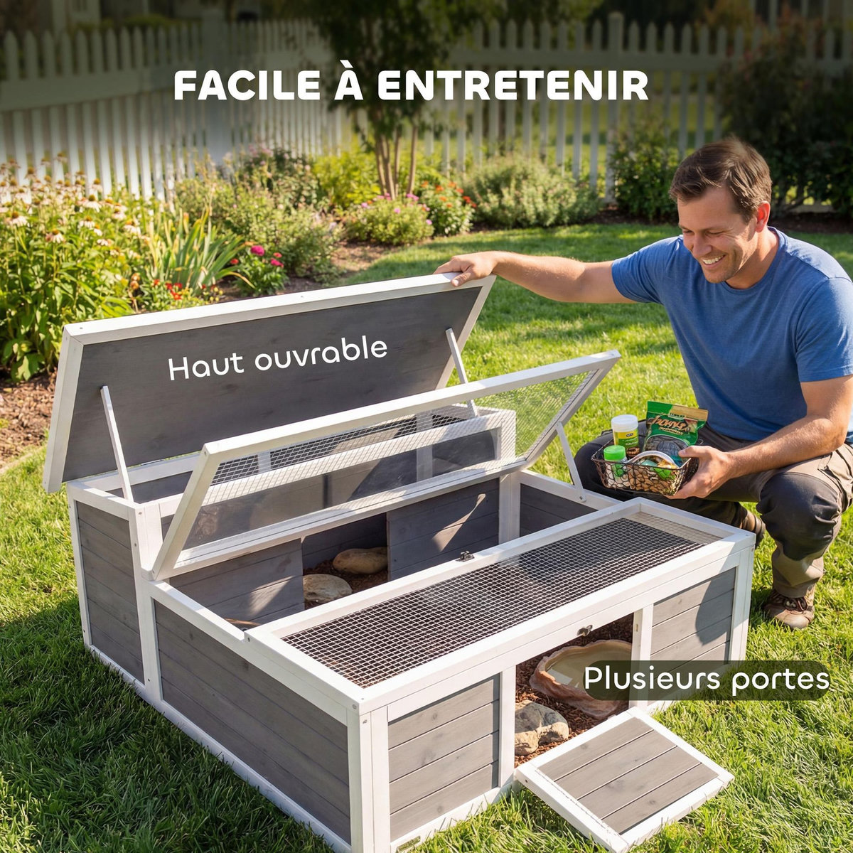 PAWHUT Enclos tortue maison tortue dim. 113x106,5x44cm niche couverte porte blanc gris