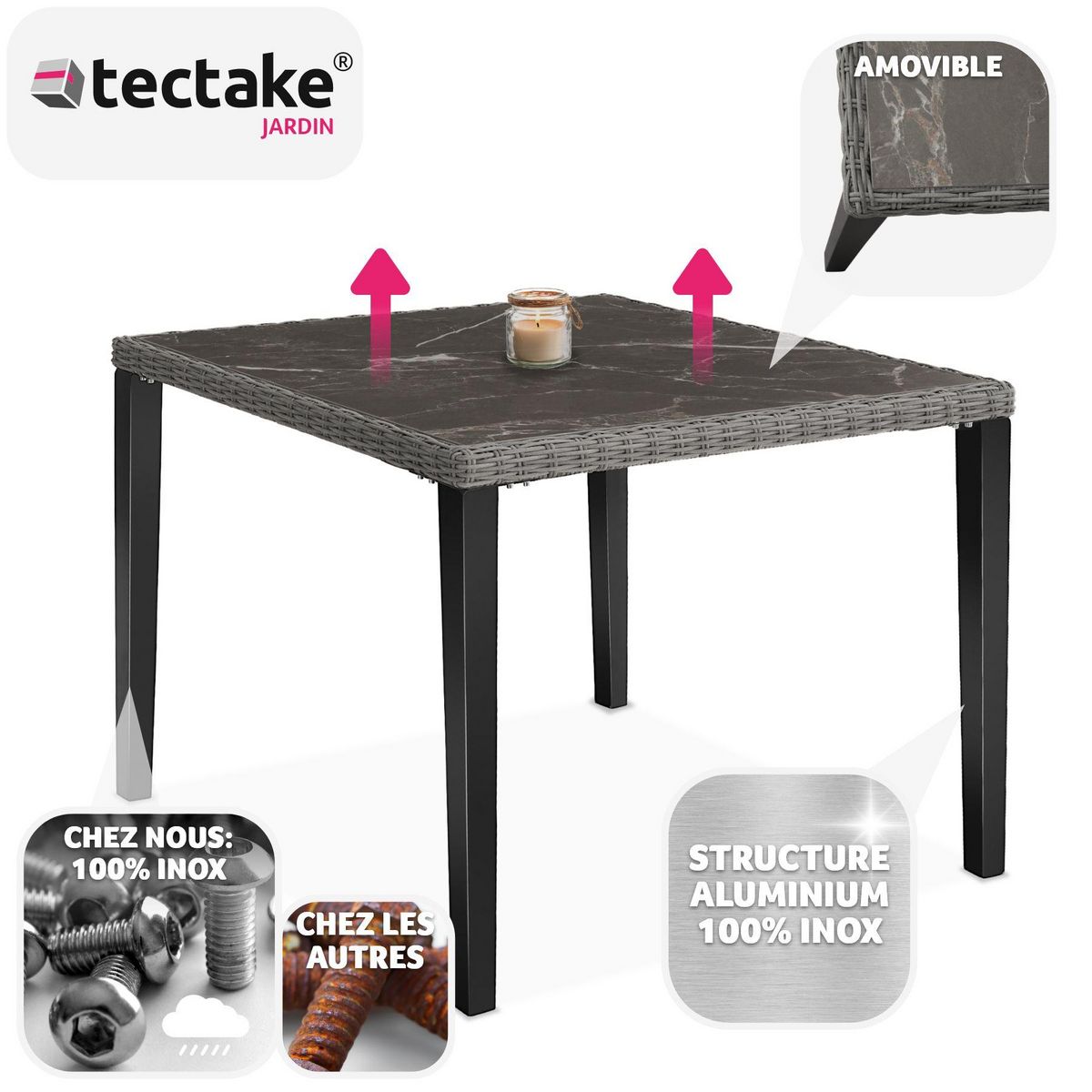 tectake Table en rotin avec cadre en aluminium et bois gris