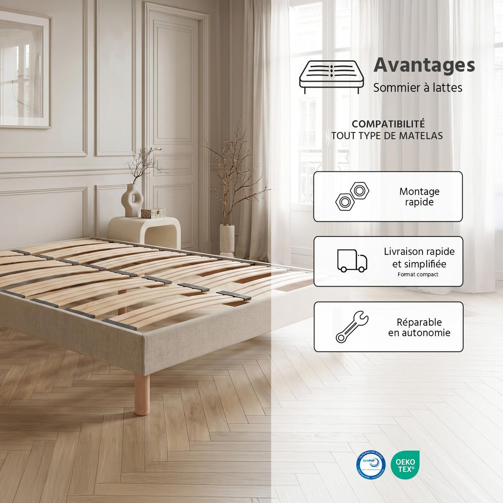 Voir la diapositive 6 : NUIT DE COTON Nuit de coton | sommier à lattes en bois lino | coloris beige | livré en kit