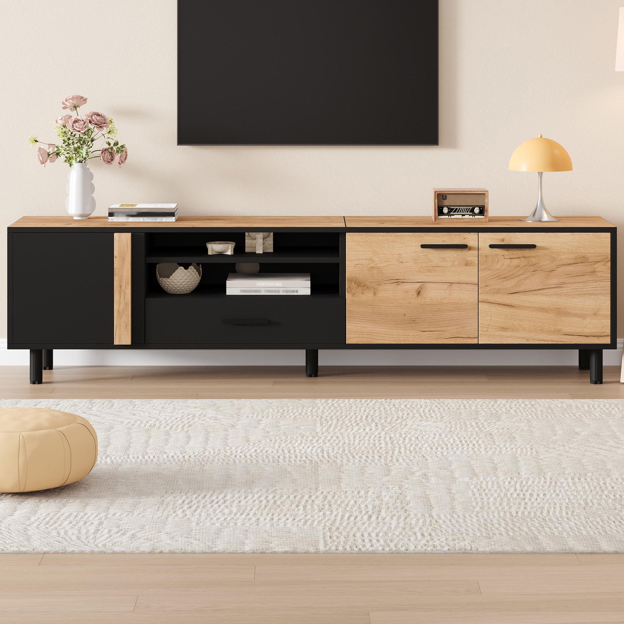 Voir la diapositive 2 : MERAX Meuble tv naturel+noir 180 cm panneau de particules