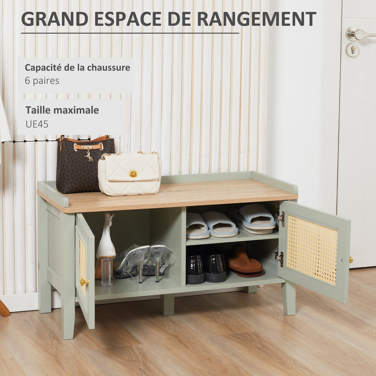 HOMCOM Meuble chaussures banc à chaussures 2 en 1 style bohème chic 2 portes étagère réglable - MDF vert d'eau aspect chêne clair rotin