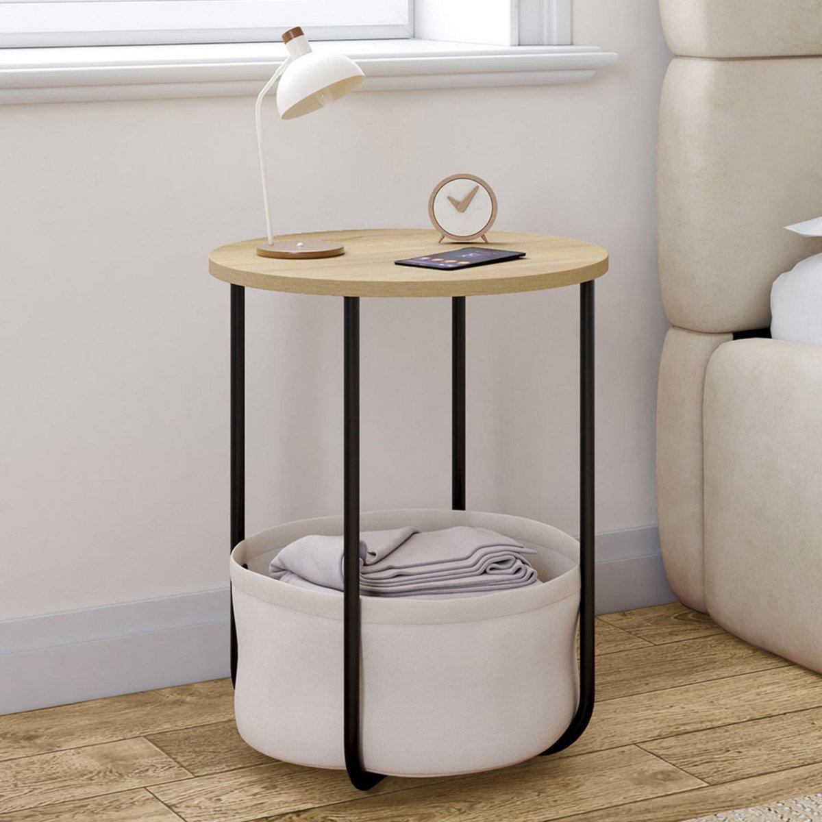 ID MARKET Lot de 2 tables de chevet, tables d'appoint, bout de canapé DETROIT rondes avec panier en tissu design industriel