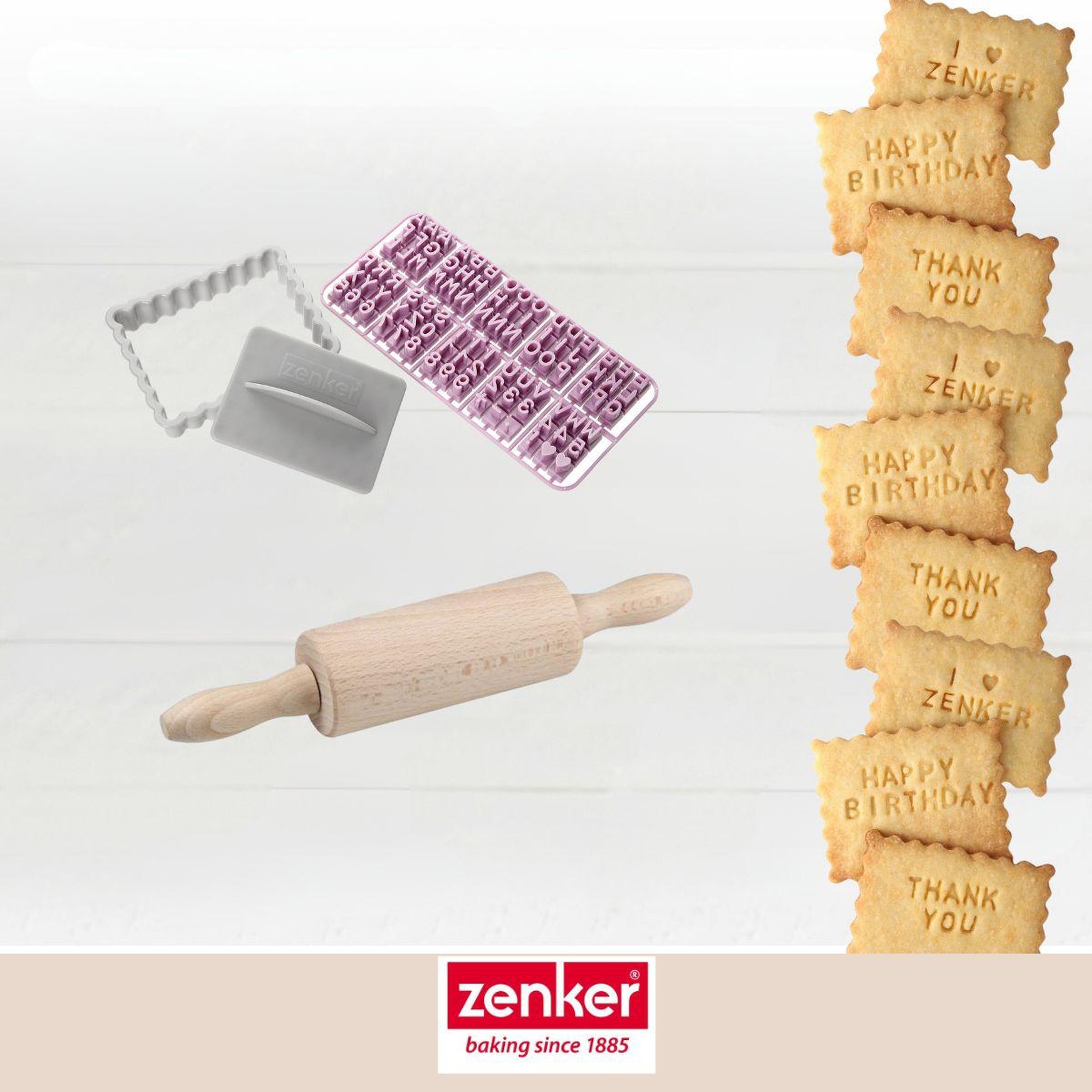 Voir la diapositive 2 : ZENKER Tampon alphabet pour biscuit zenker et mini rouleau à pâtisserie