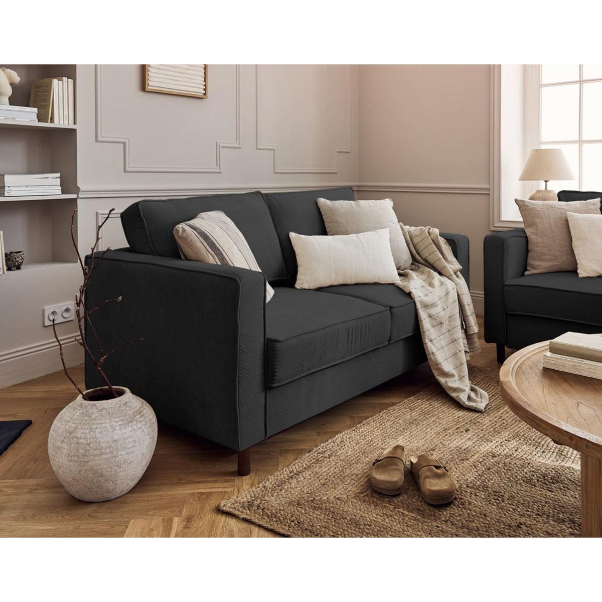 LISA DESIGN Jake - canapé 2 places en velours côtelé - pieds bois foncé