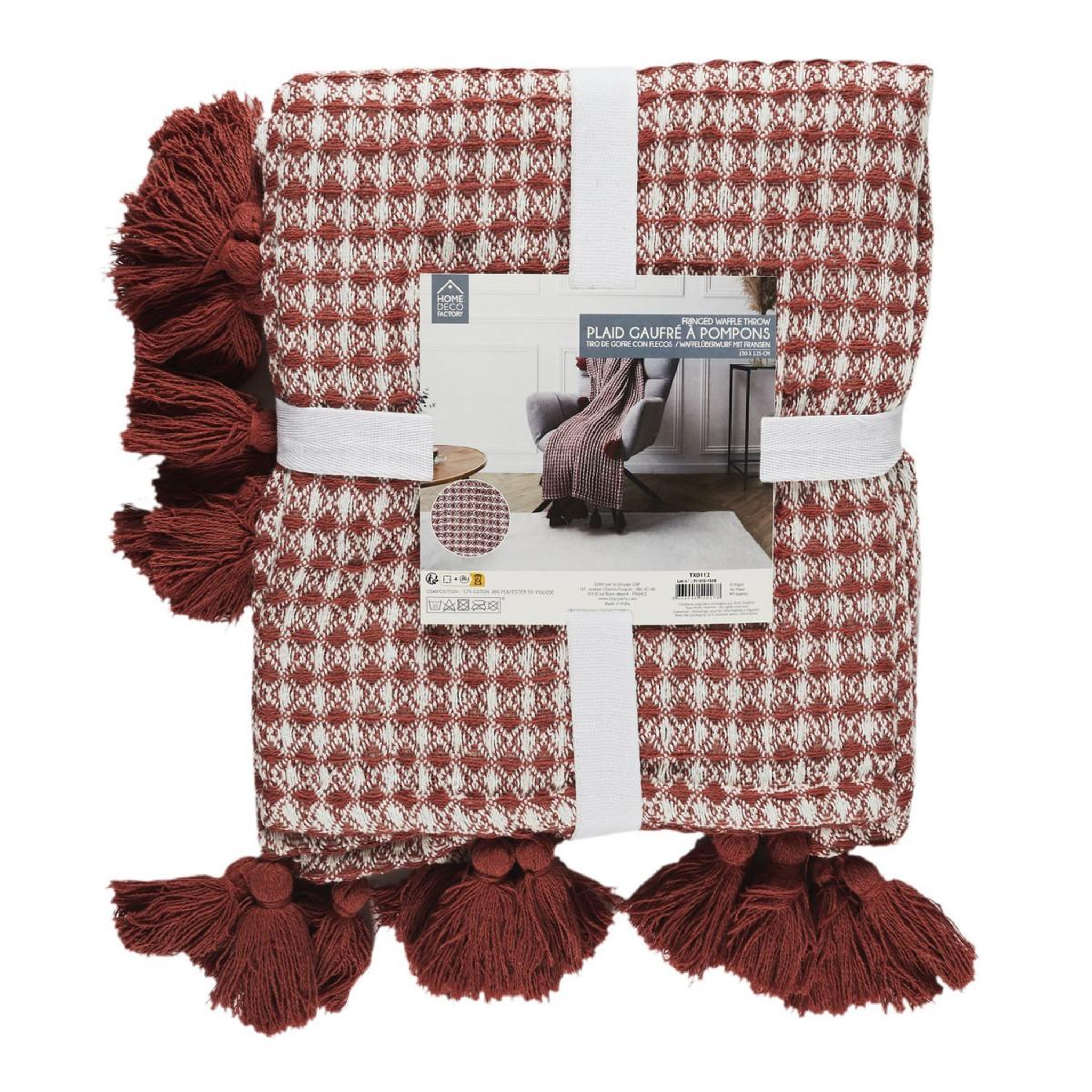 Voir la diapositive 3 : The Home Deco Factory Plaid nid d'abeille  gaufré  125x150cm rouge & blanc