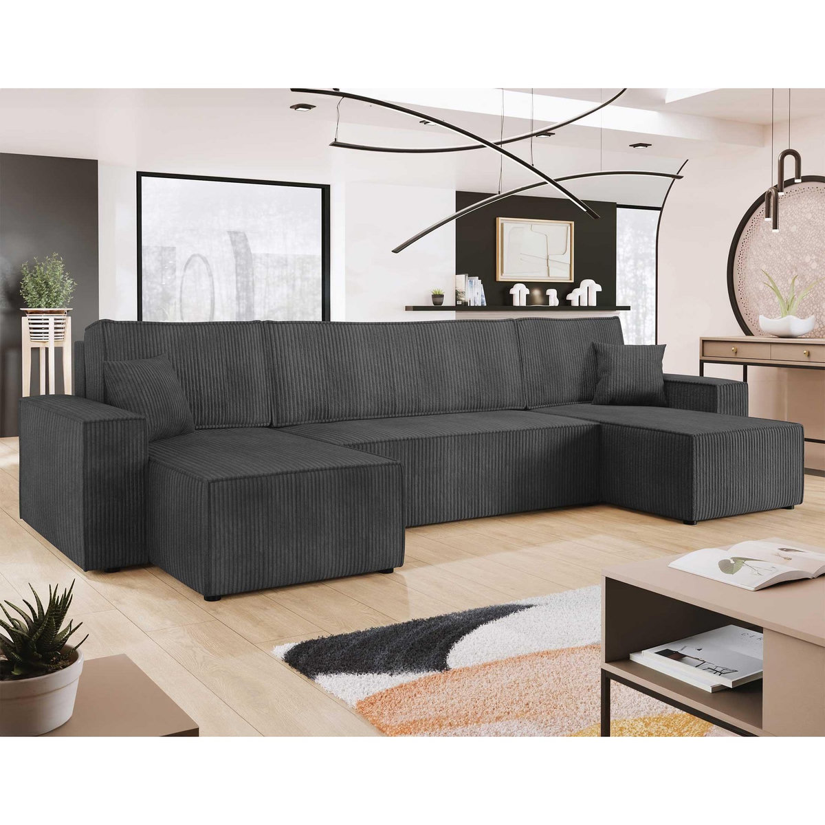 BEST MOBILIER Cezanne - canapé panoramique en u - 7 places - convertible avec coffre - en velours côtelé