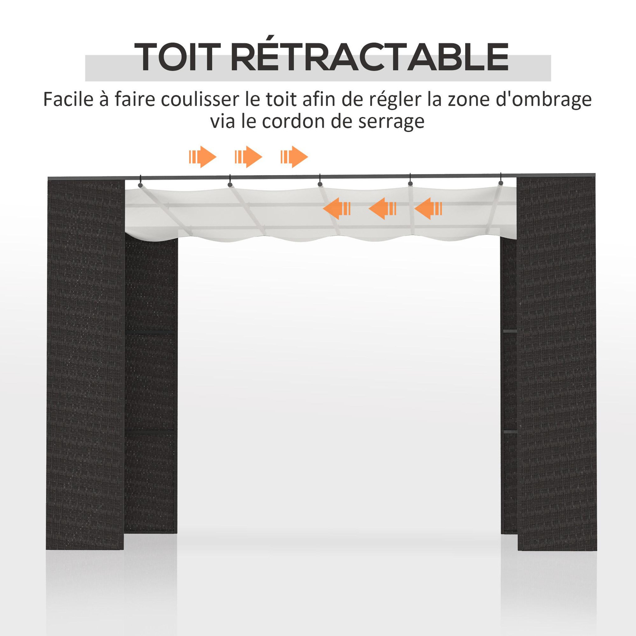 Voir la diapositive 4 : OUTSUNNY Pergola rétractable style colonial dim. 2,98L x 2,98l x 2H m métal époxy anticorrosion résine tressée noire toile polyester haute densité 180 g/m² crème