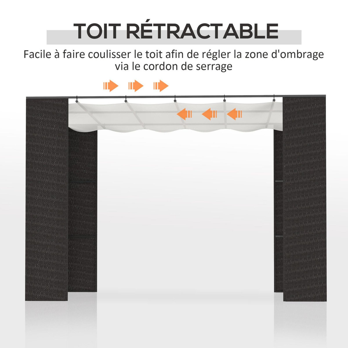 OUTSUNNY Pergola rétractable style colonial dim. 2,98L x 2,98l x 2H m métal époxy anticorrosion résine tressée noire toile polyester haute densité 180 g/m² crème