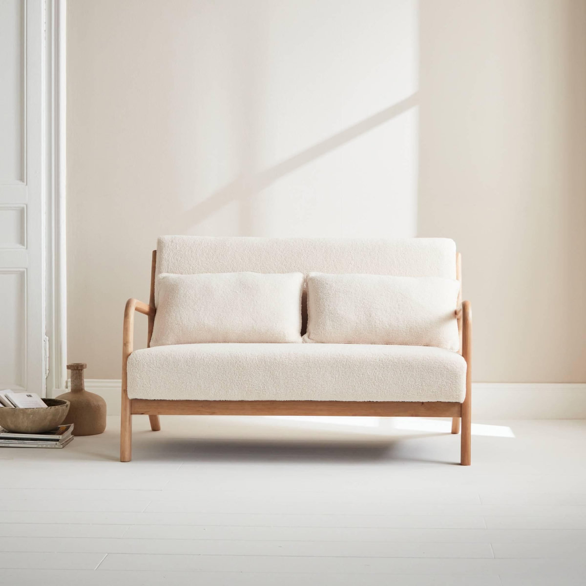 SWEEEK Banquette 2 places scandinave en bois et tissu bouclette. Lorens. L 124 x P 83 x H 77cm