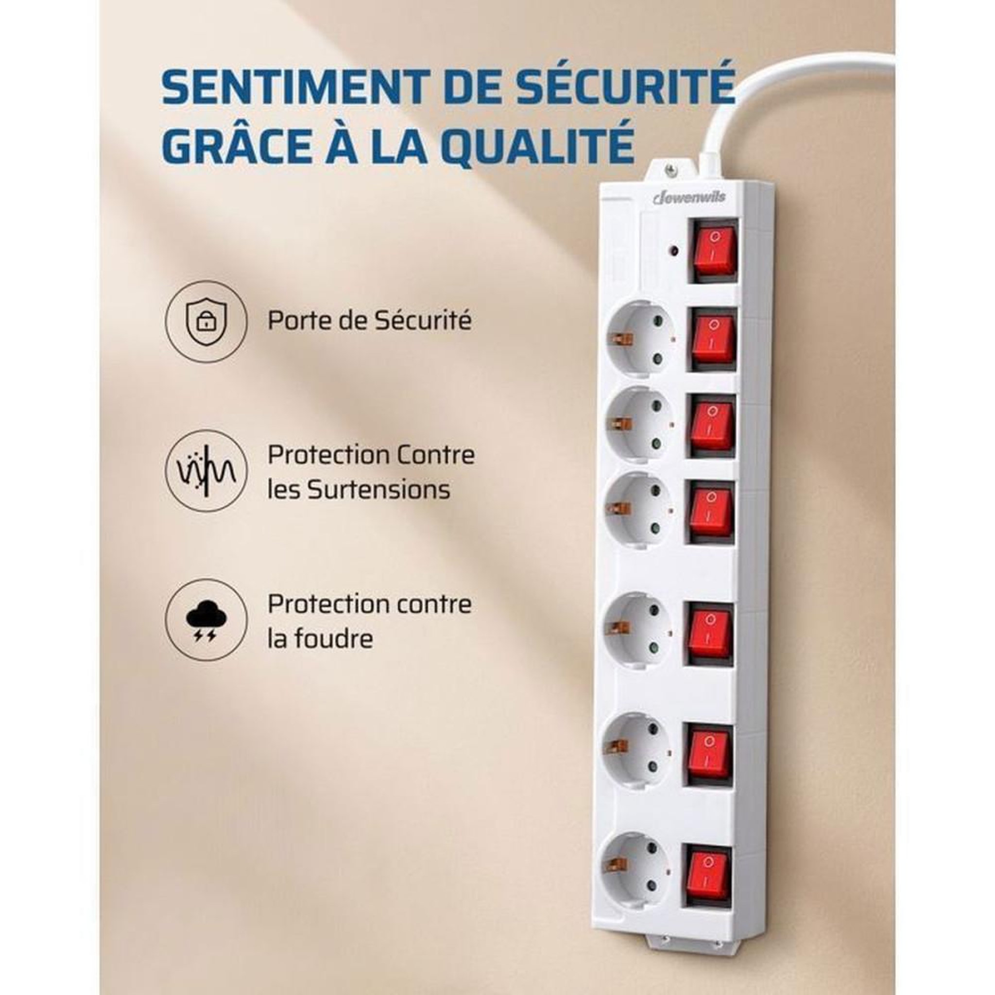 Voir la diapositive 5 : Multiprise parafoudre 6 prises 16A 3680W avec 7 interrupteurs bipolaires et câble 2 m blanche