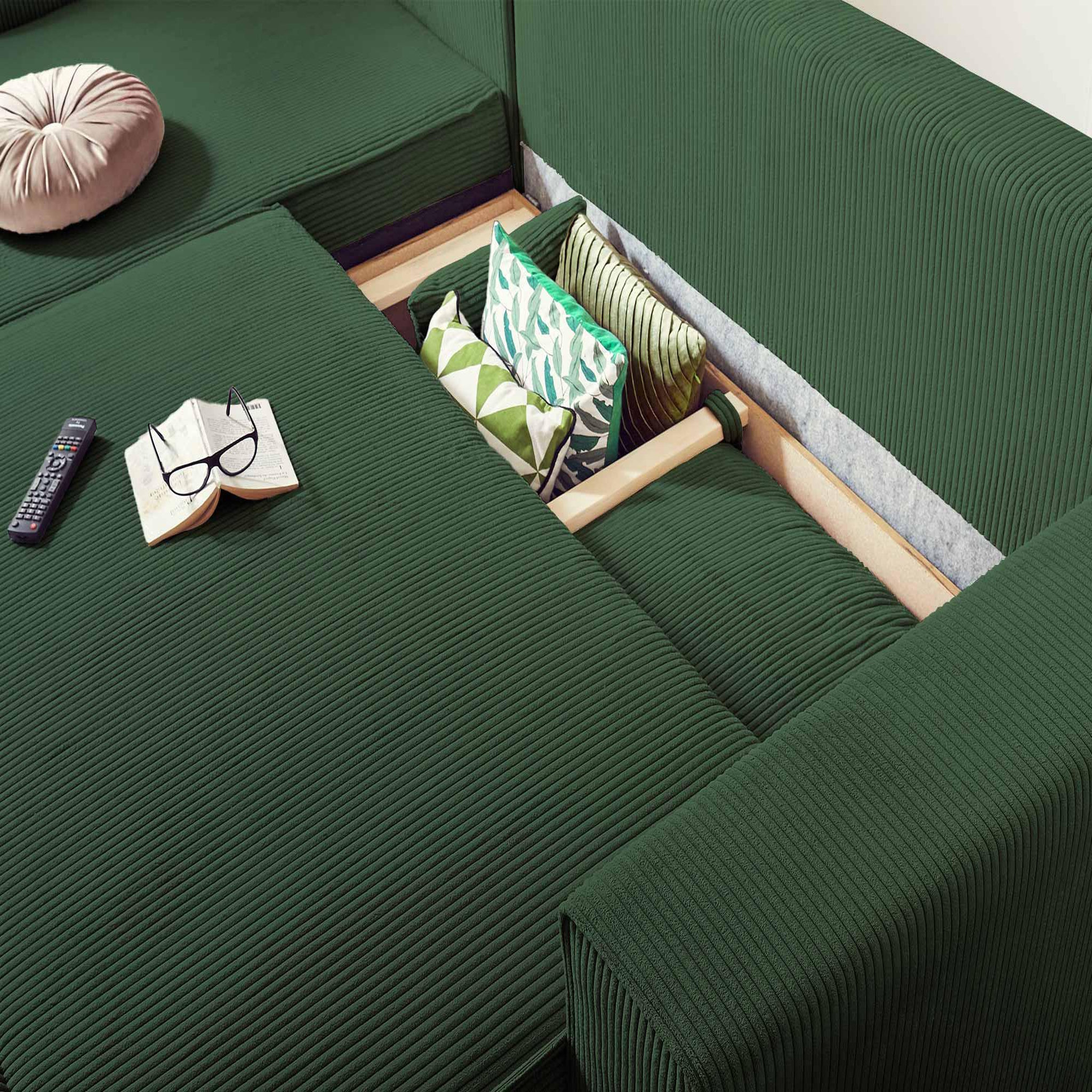 Voir la diapositive 3 : BEST MOBILIER Dellia - canapé d'angle réversible convertible - avec coffre - en velours côtelé - 4 places