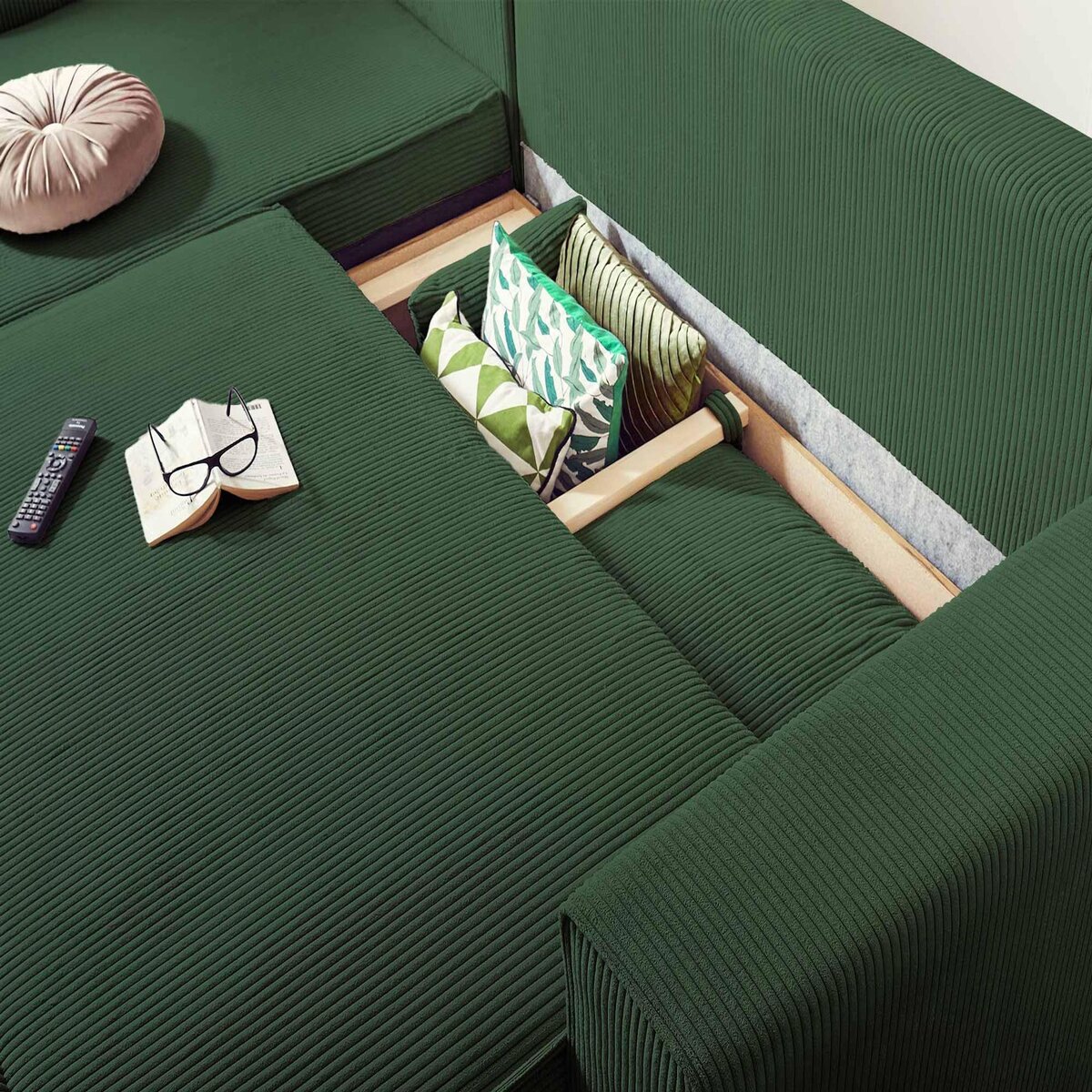 BEST MOBILIER Dellia - canapé d'angle réversible convertible - avec coffre - en velours côtelé - 4 places