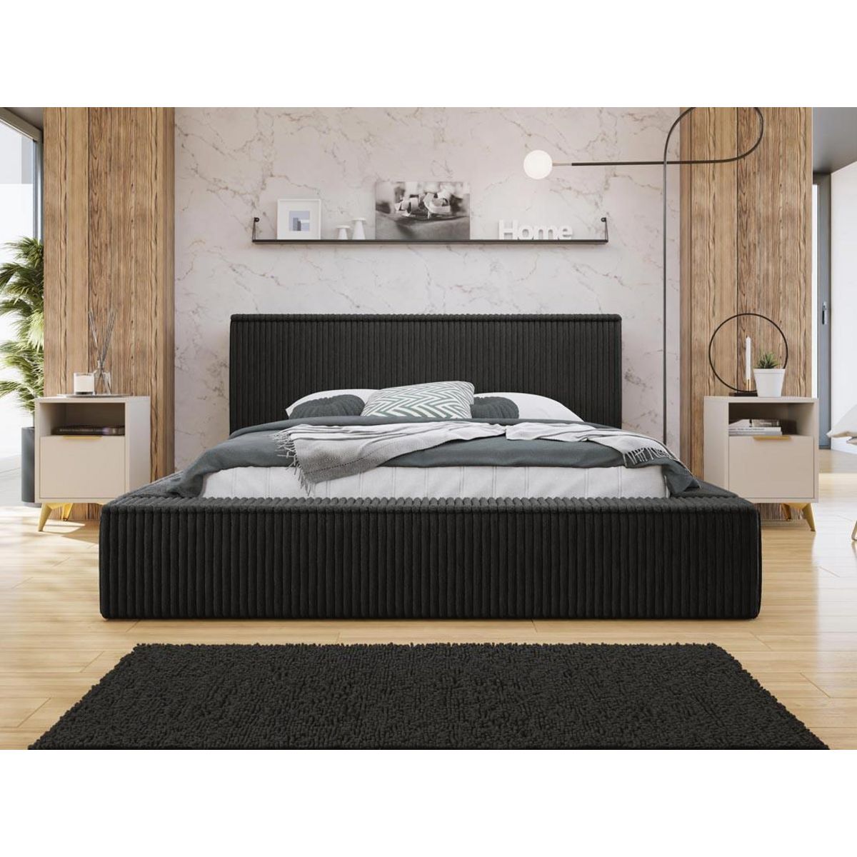 BEST MOBILIER Swan - lit coffre - 140x200 cm - sommier inclus - en velours côtelé grosses côtes