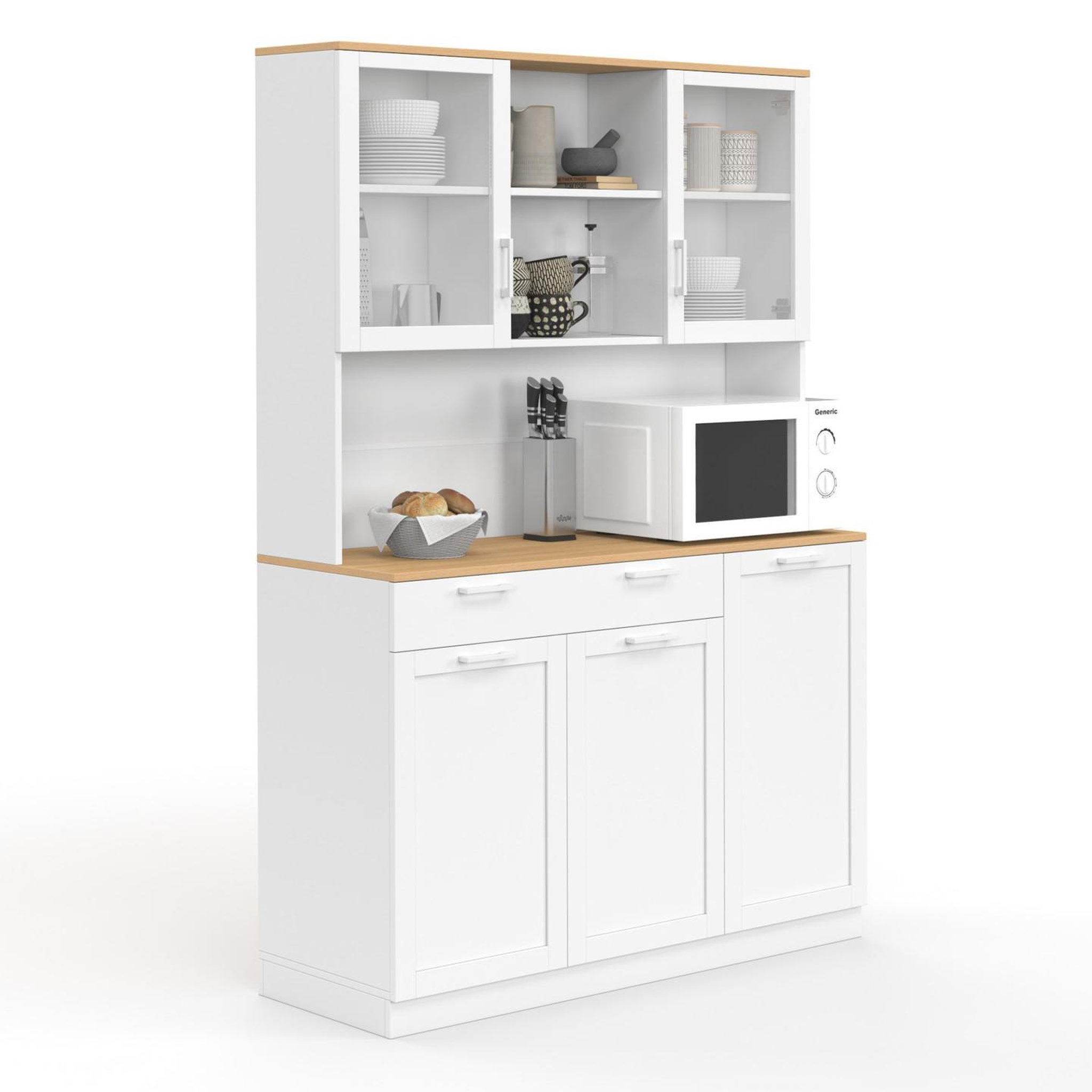 ID MARKET Buffet de cuisine vitré 120 cm vito 5 portes + 1 tiroir blanc et plateau façon hêtre