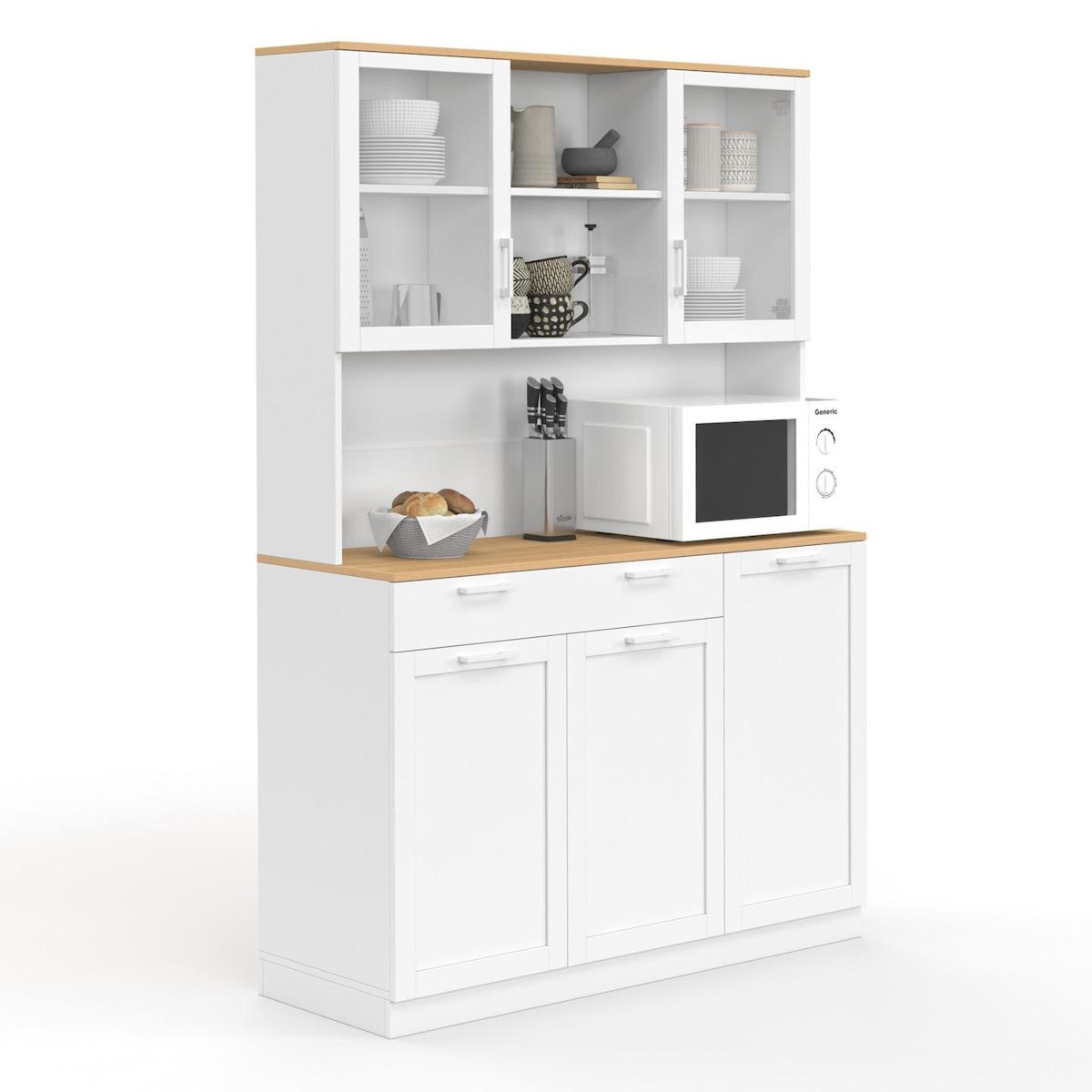 ID MARKET Buffet de cuisine vitré 120 cm VITO 5 portes + 1 tiroir blanc et plateau façon hêtre