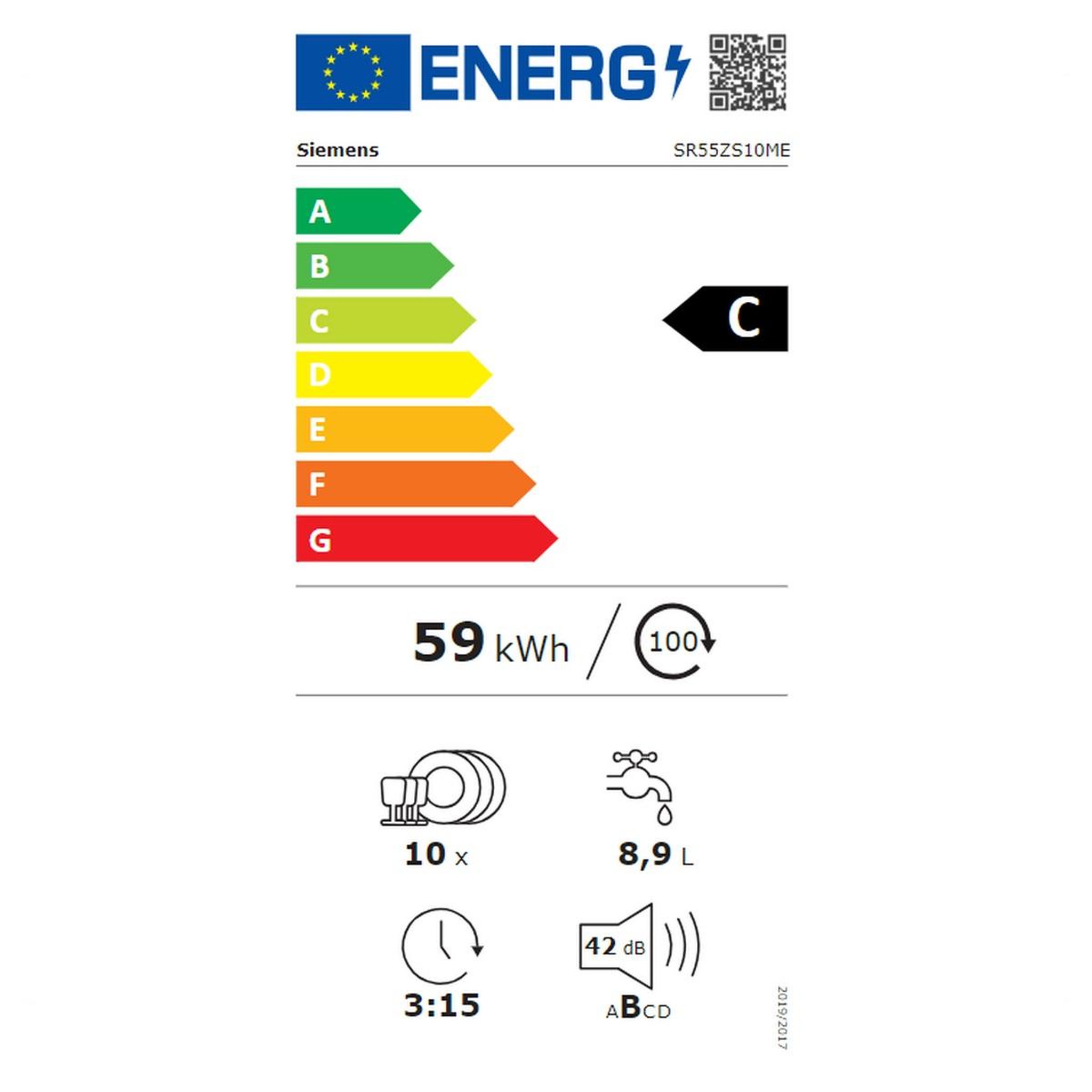Voir la diapositive 2 : Siemens Lave-vaisselle 45cm 10 couverts 42db intégrable avec bandeau - sr55zs10me