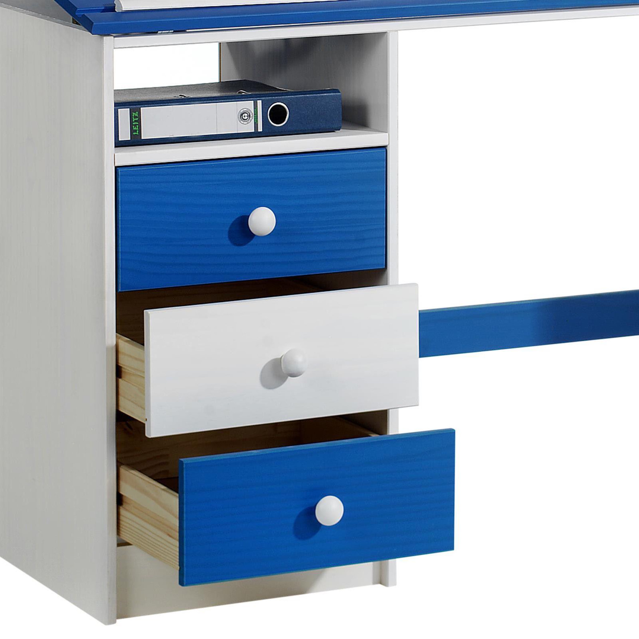Voir la diapositive 3 : IDIMEX Bureau enfant KEVIN, en pin massif, 3 tiroirs et plateau inclinable