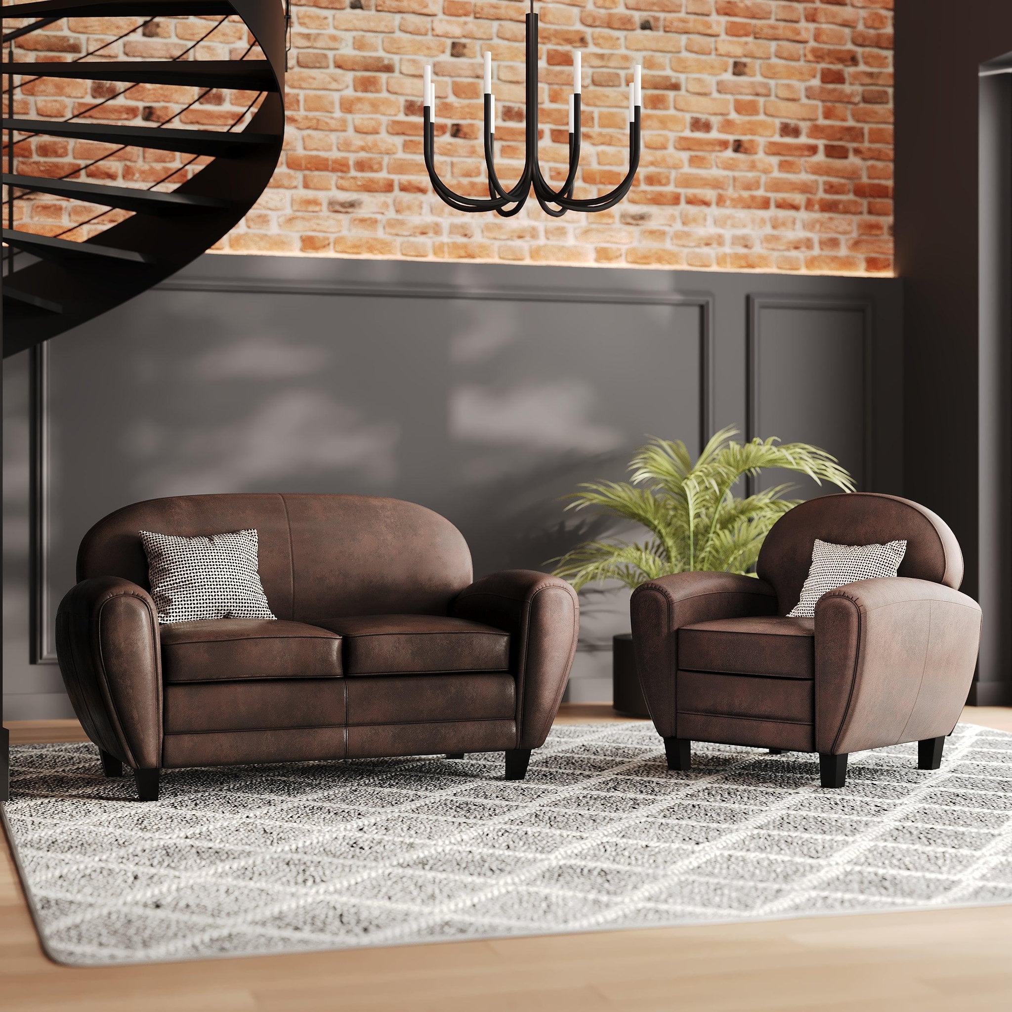 Voir la diapositive 2 : MAISON PAVANE Ensemble canapé et fauteuil marron 3 places-Club