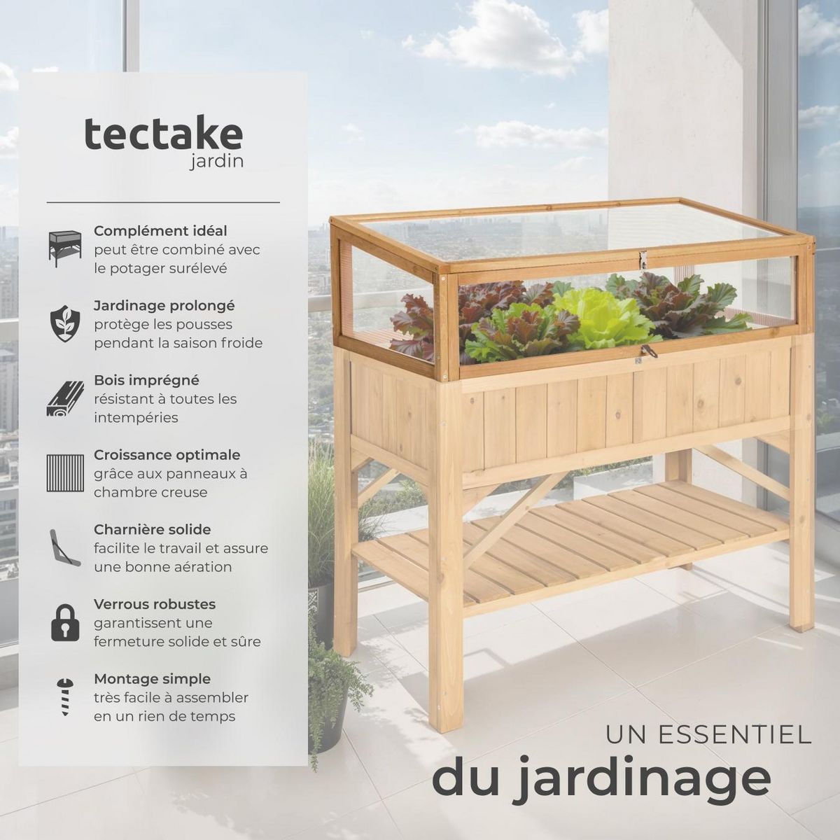 tectake Serre châssis de jardin pour carré potager en bois de pin imprégné marron