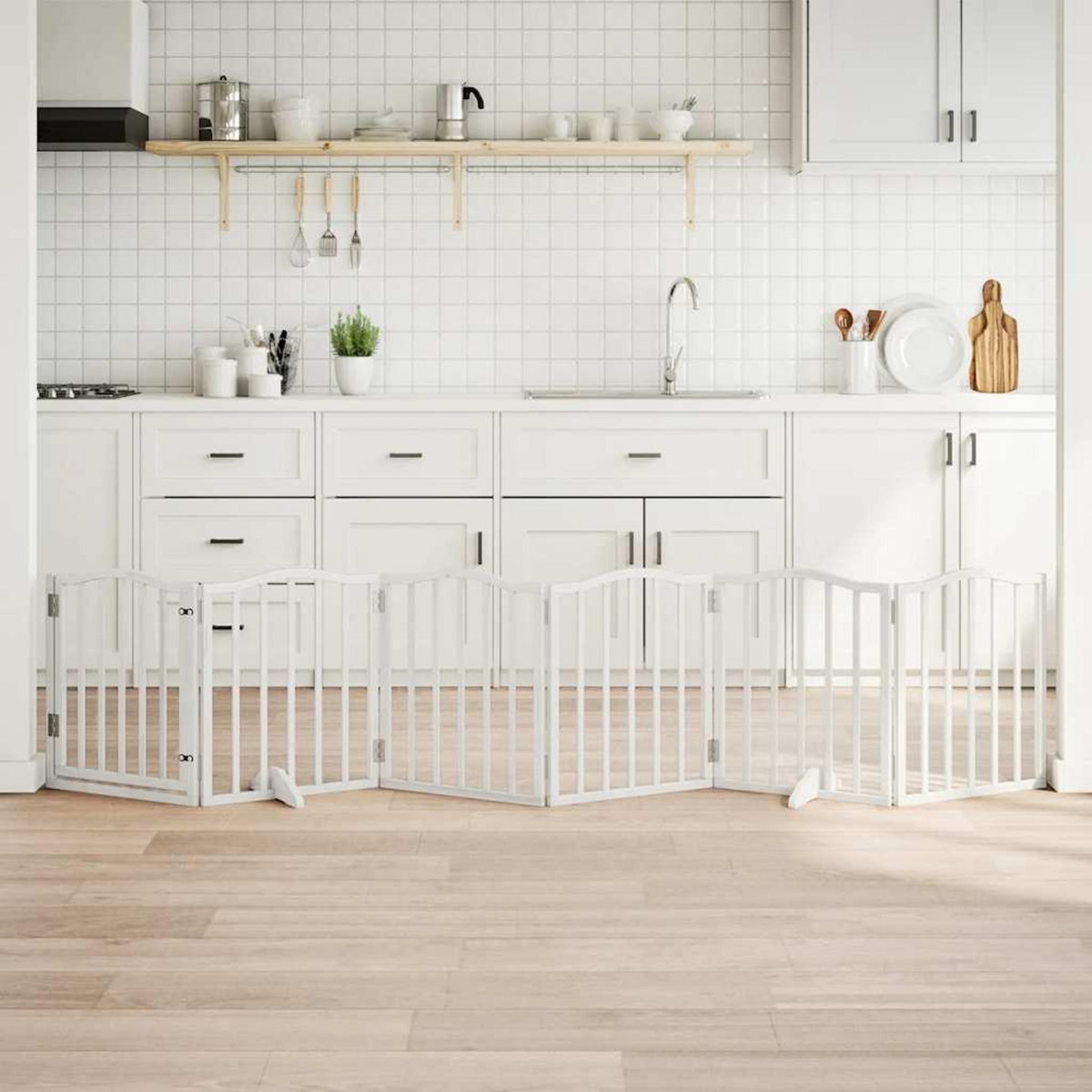 VIDAXL Barriere pour chiens et porte 6 panneaux blanc bois de peuplier