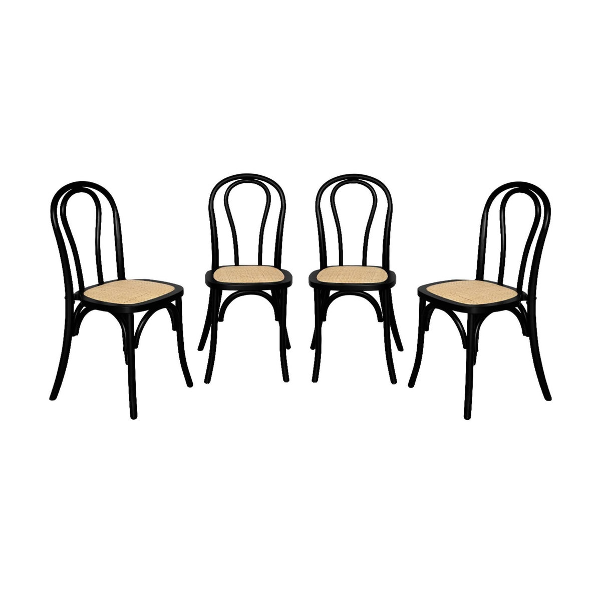 SWEEEK Lot de 4 chaises vintage en bois avec assise en rotin et dossier arrondi. coloris noir. L 48 x P 49.5 x H 90cm