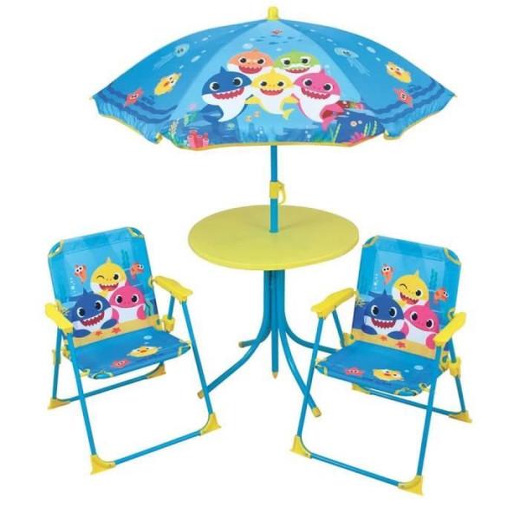 Voir la diapositive 2 : Fun House FUN HOUSE Baby Shark Salon de jardin - 1 table H.46xø46 cm, 2 chaises H.53xl.38,5xP.37,5 cm et 1 parasol H.125 x ø100 cm