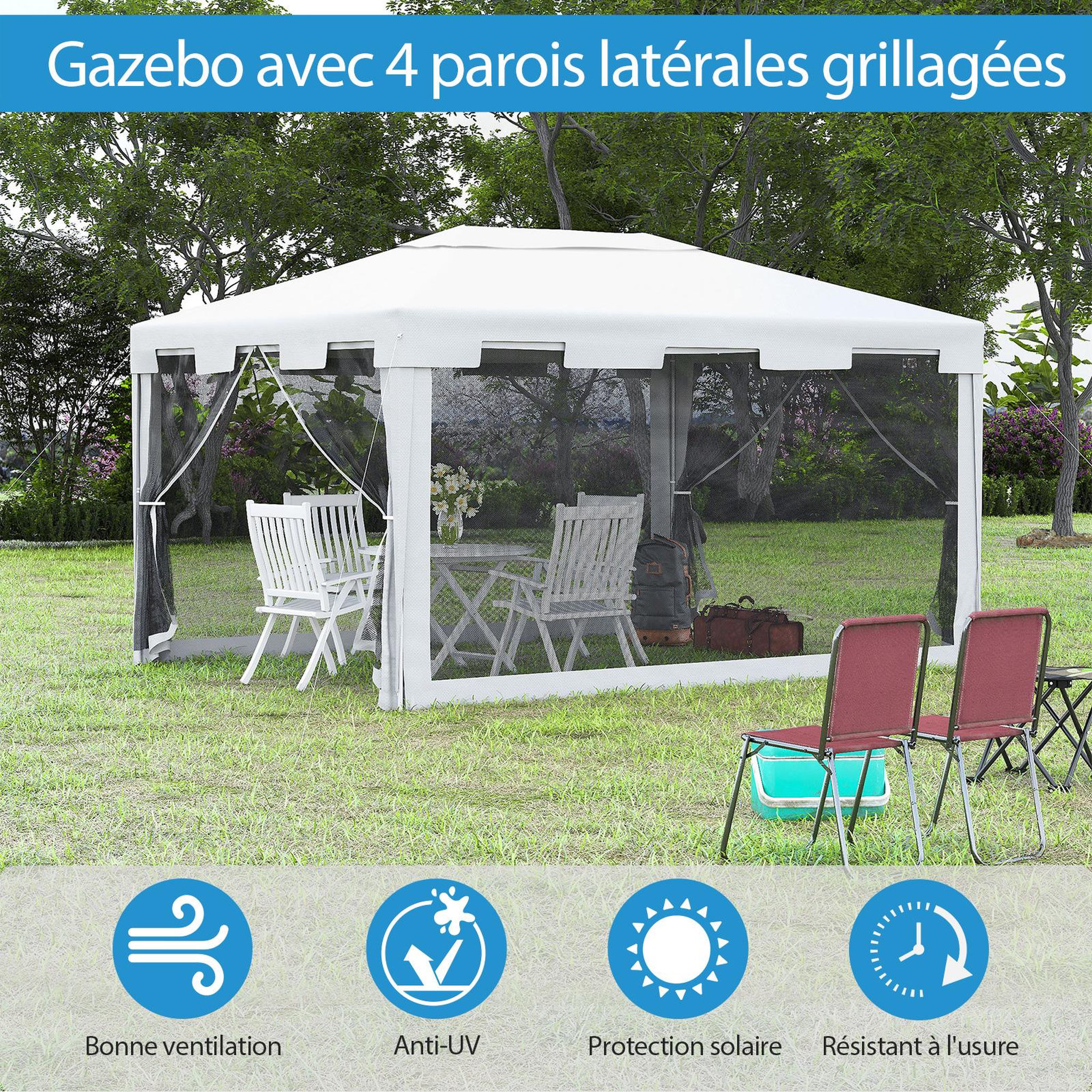 Voir la diapositive 3 : OUTSUNNY Tonnelle barnum style colonial dim. 4L x 3l x 2,55H m 4 moustiquaires blanc et noir