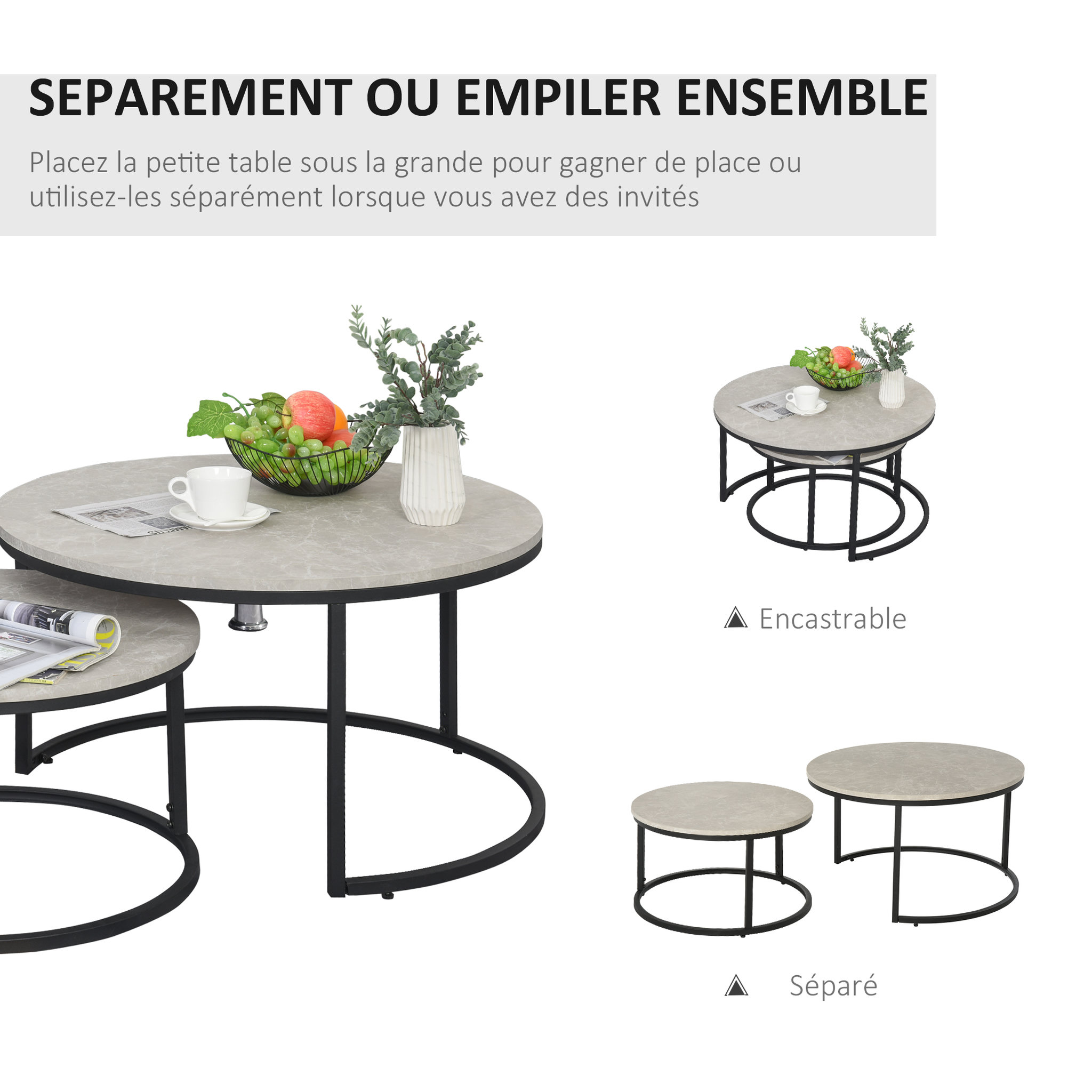 Voir la diapositive 5 : HOMCOM Lot de 2 tables basses rondes gigogne empilables plateau MDF gris et pieds en métal noir