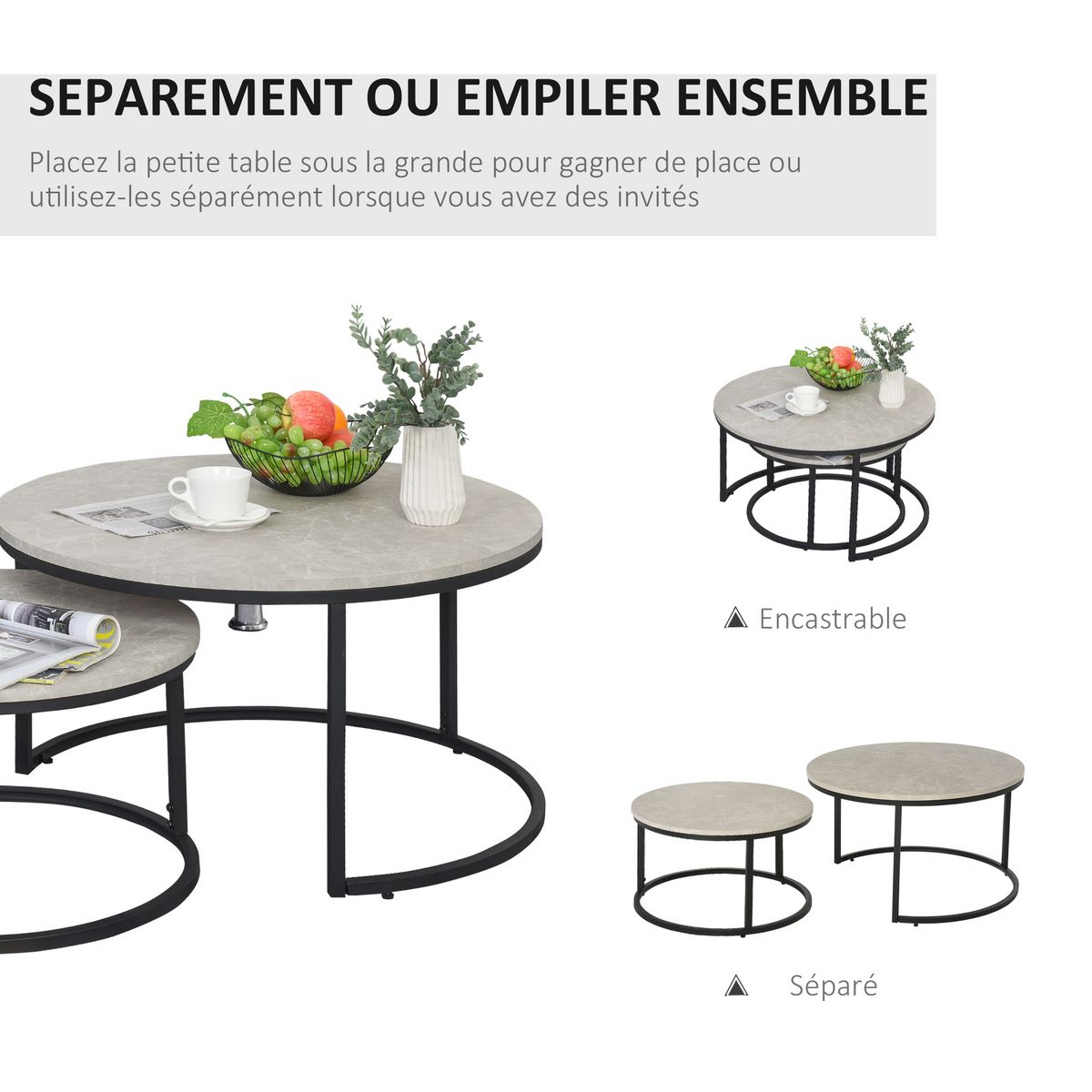 HOMCOM Lot de 2 tables basses rondes gigogne empilables plateau MDF gris et pieds en métal noir