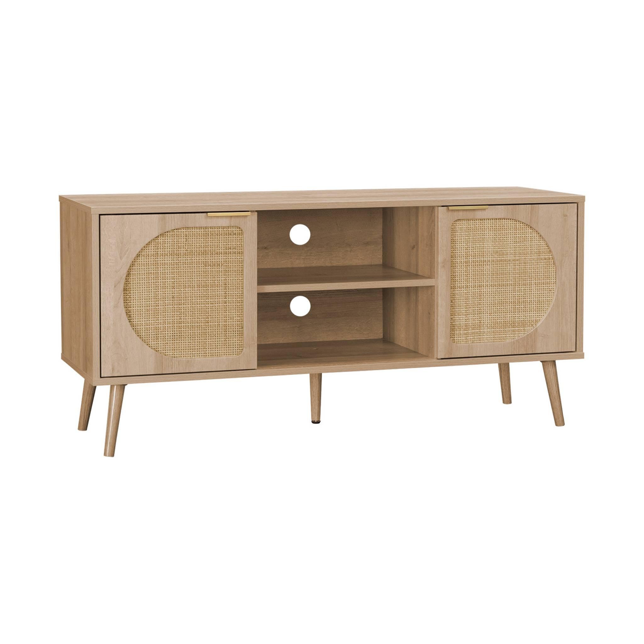 Voir la diapositive 1 : SWEEEK Meuble TV. Eva. décor bois et cannage arrondi 2 portes. 1 étagère L120 x l39 x H56.5cm