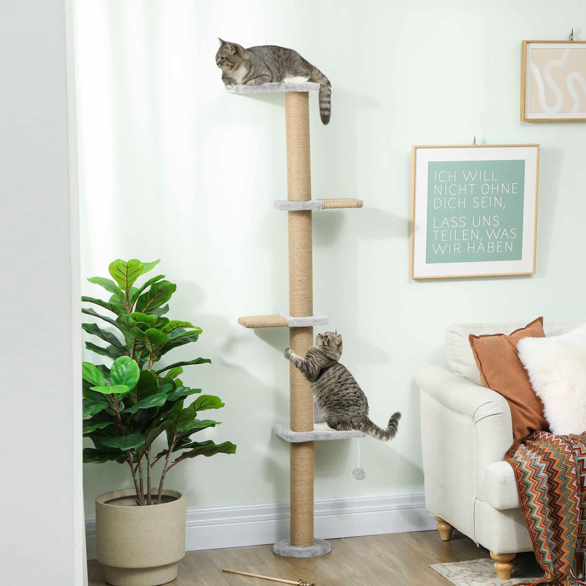 PAWHUT Arbre à chat mural 4 plateformes griffoirs grattoirs boule - 48x21x180cm - gris clair